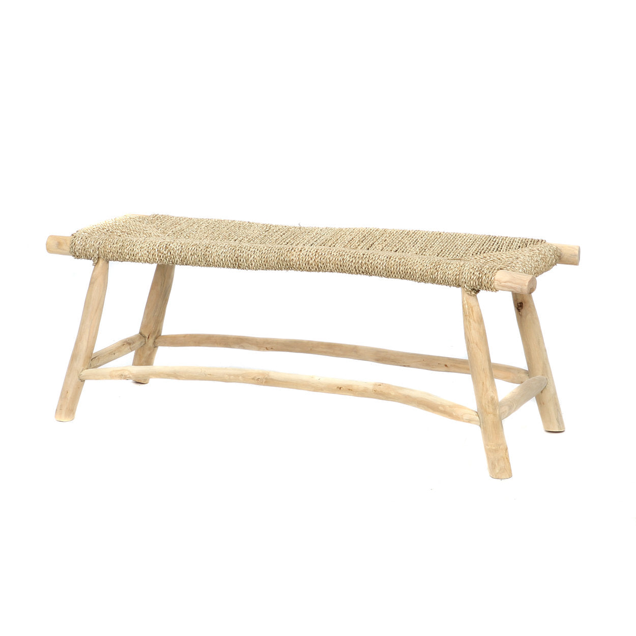 Large wooden bench with seagrass seating perfect for indoor and outdoor use