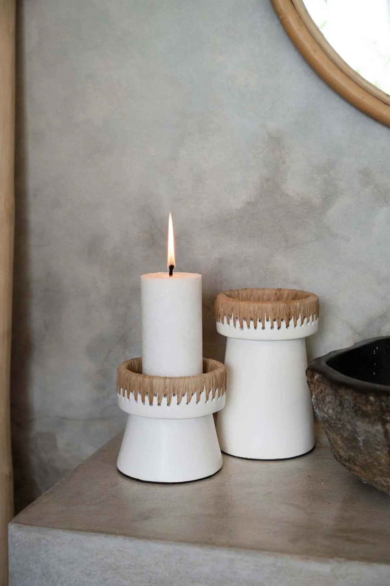 Small white natural candle holder handcrafted for pillar candles