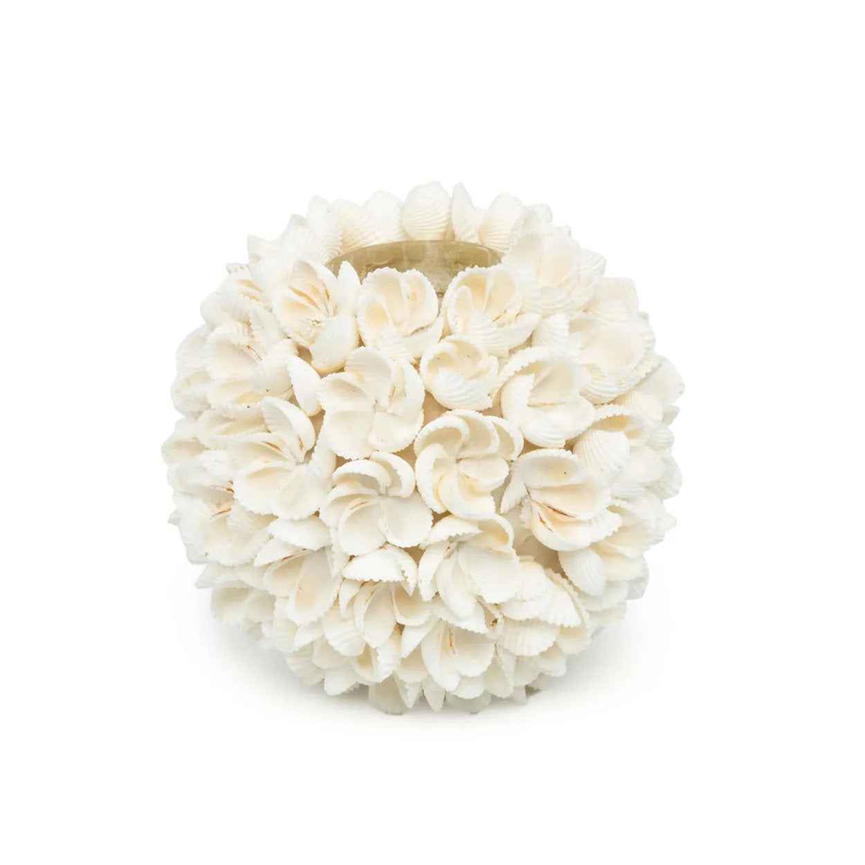 Flower candle holder with white seashell pattern and soft glow