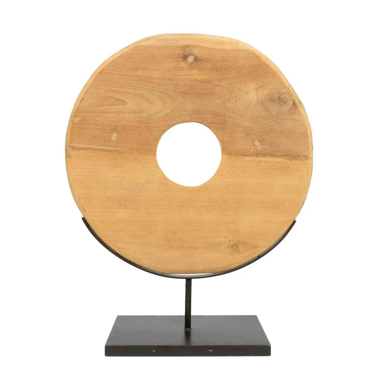 Large teak disc on stand – handcrafted wood sculpture for console or shelf decor