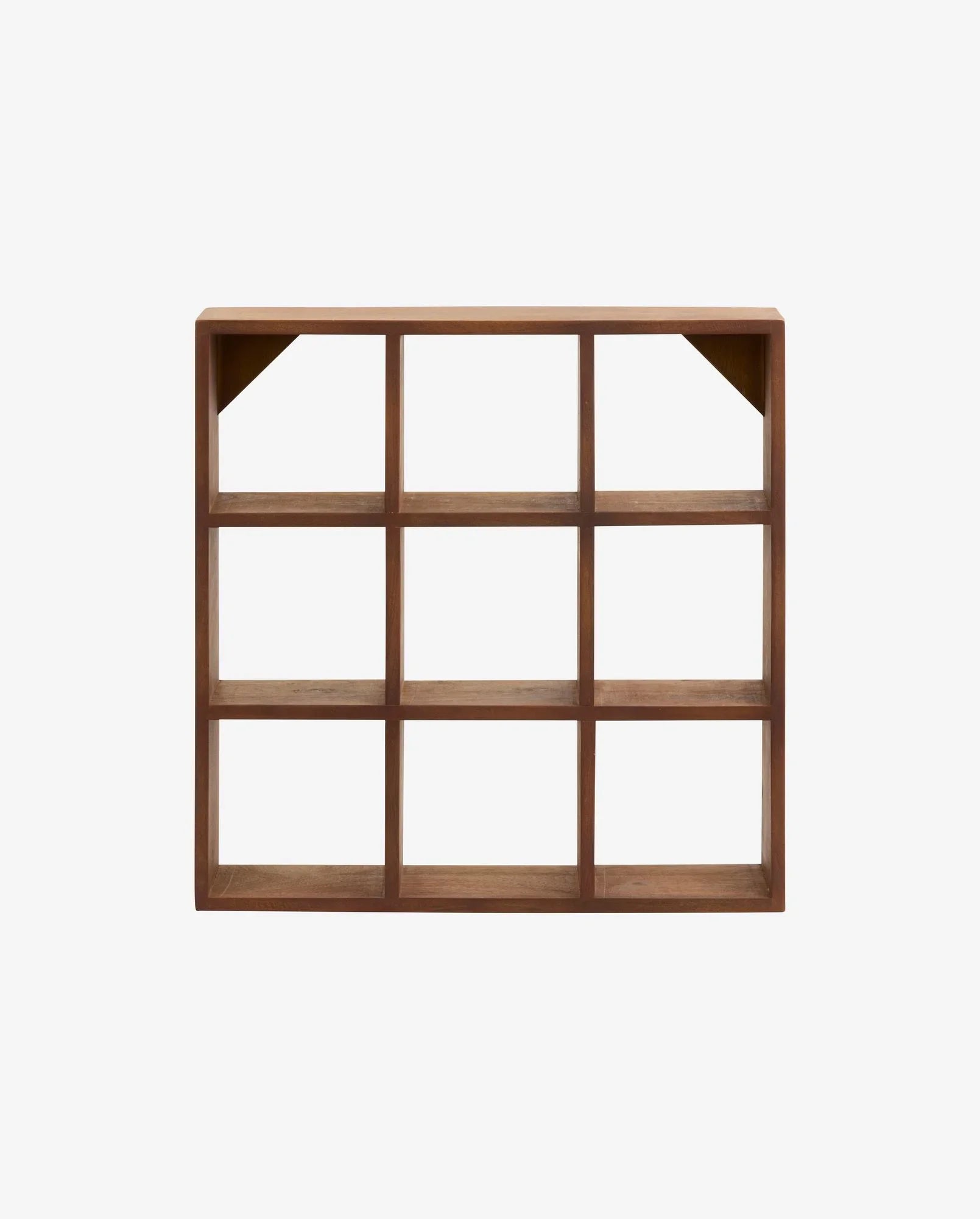 Wooden wall-mounted shelf unit with nine square compartments and angled corner supports
