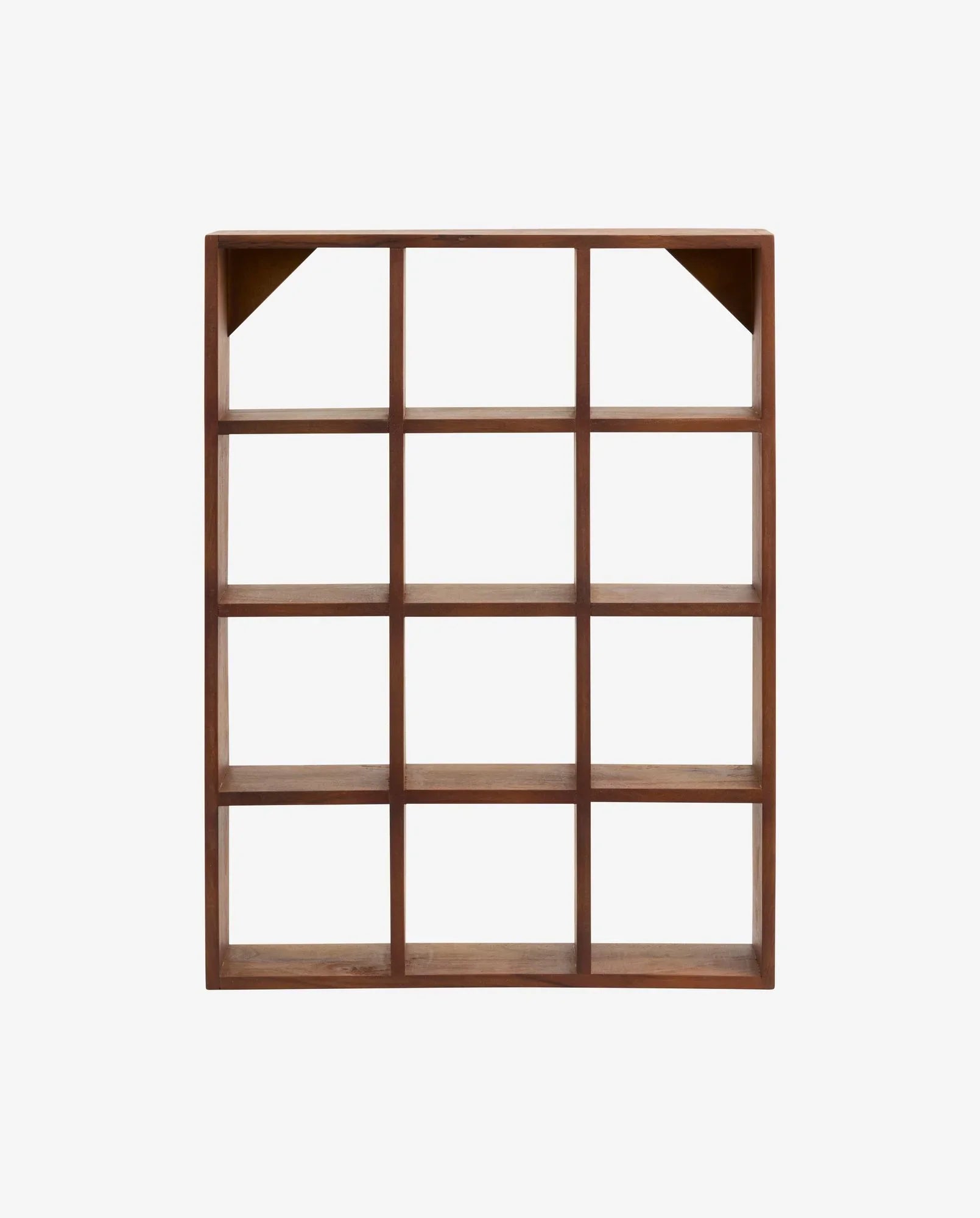 wooden wall shelf with twelve open square compartments in natural brown finish