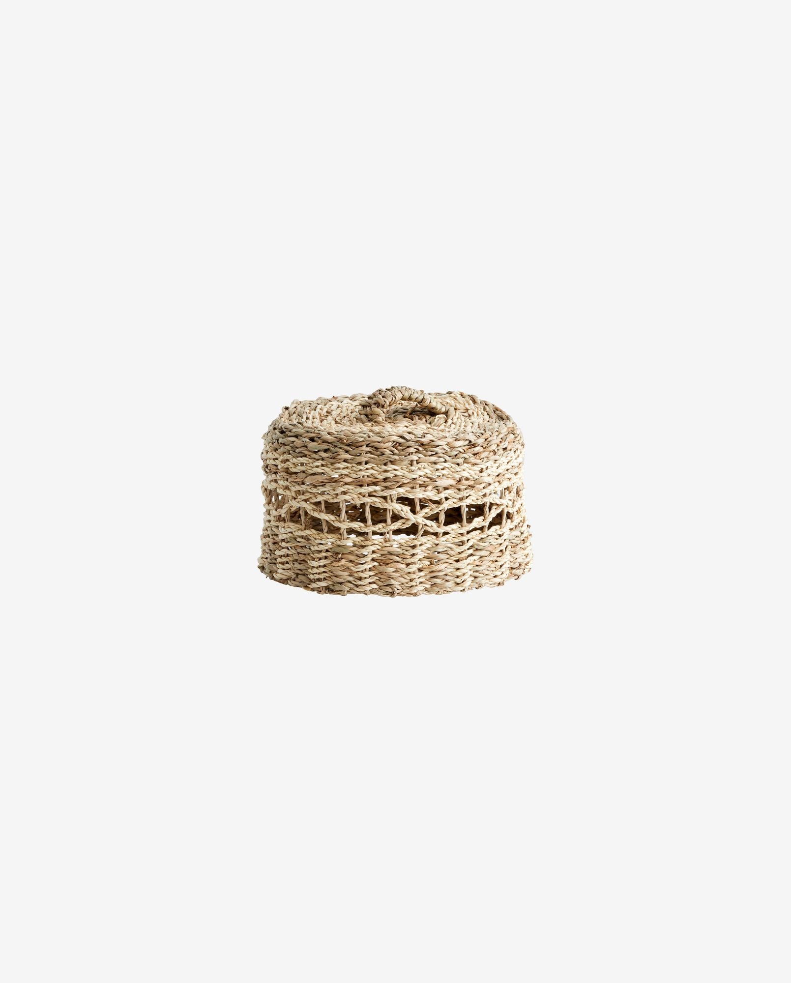 Small woven seagrass basket with lid and handle, natural rustic storage container