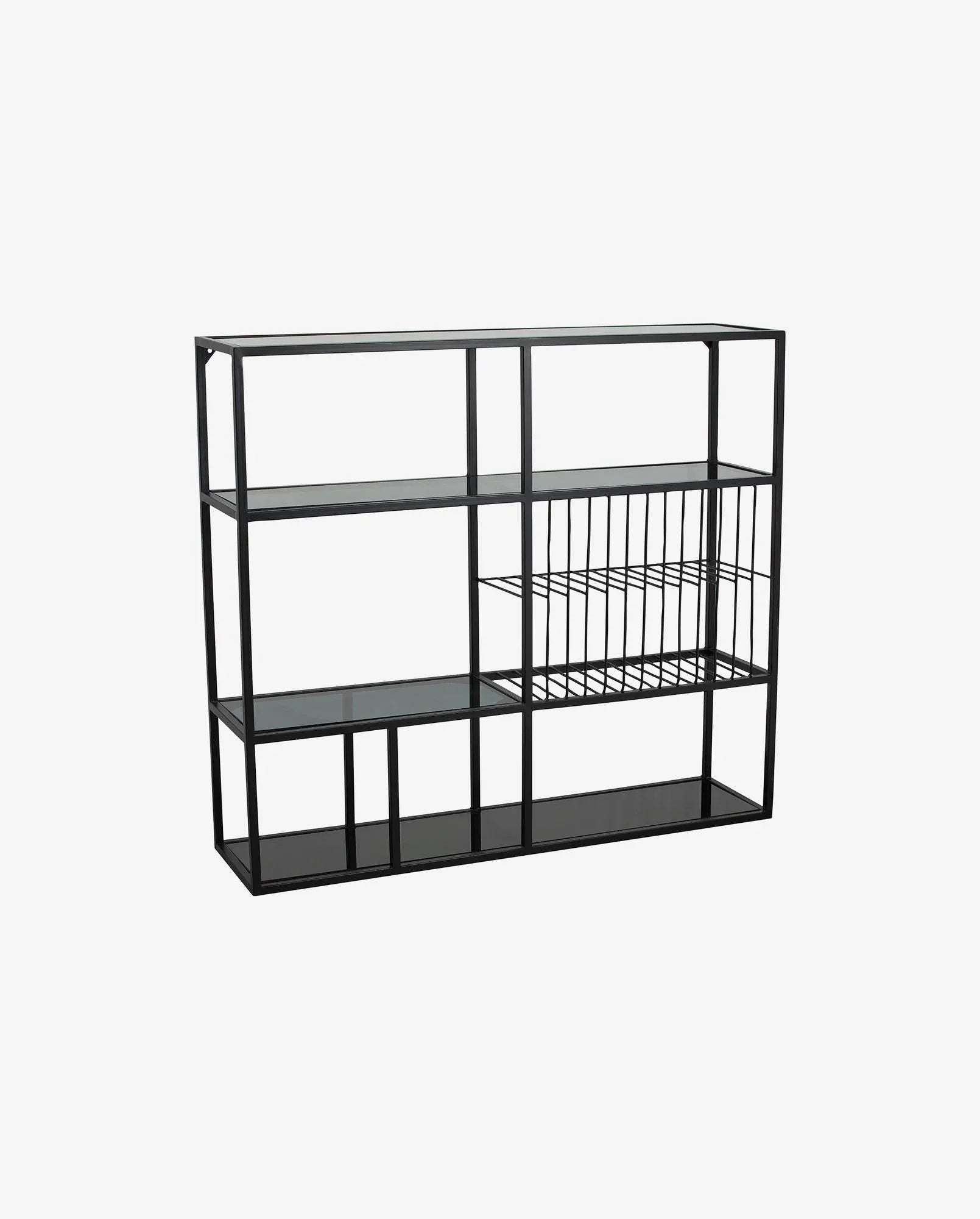Black metal kitchen rack with open shelves and built-in dish drying rack