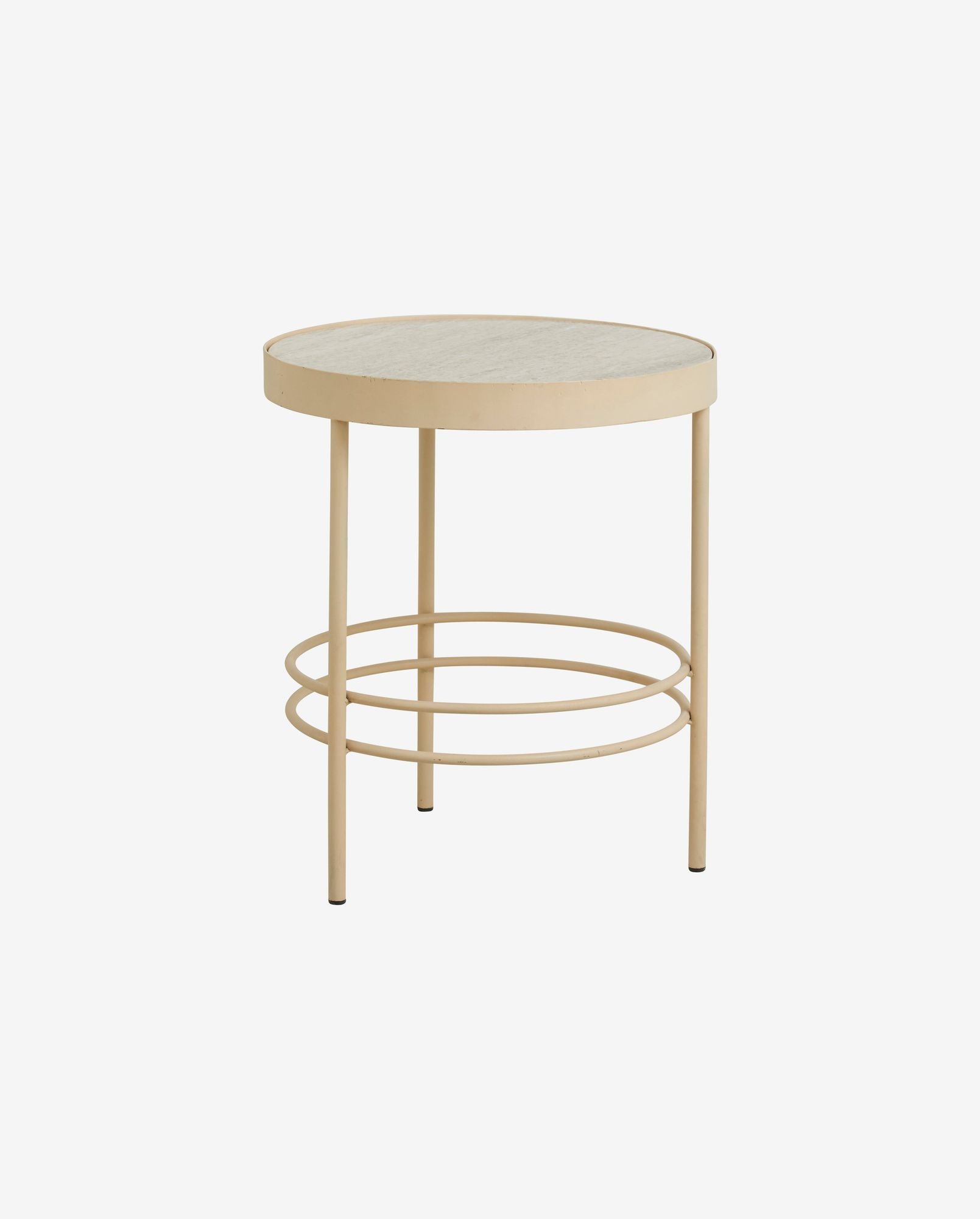 Beige round side table with a light wood top and circular metal frame base