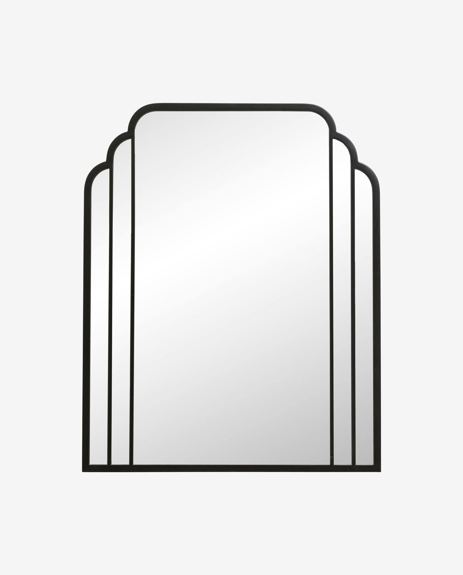 Modern black metal frame wall mirror with layered rectangular arch design on white background