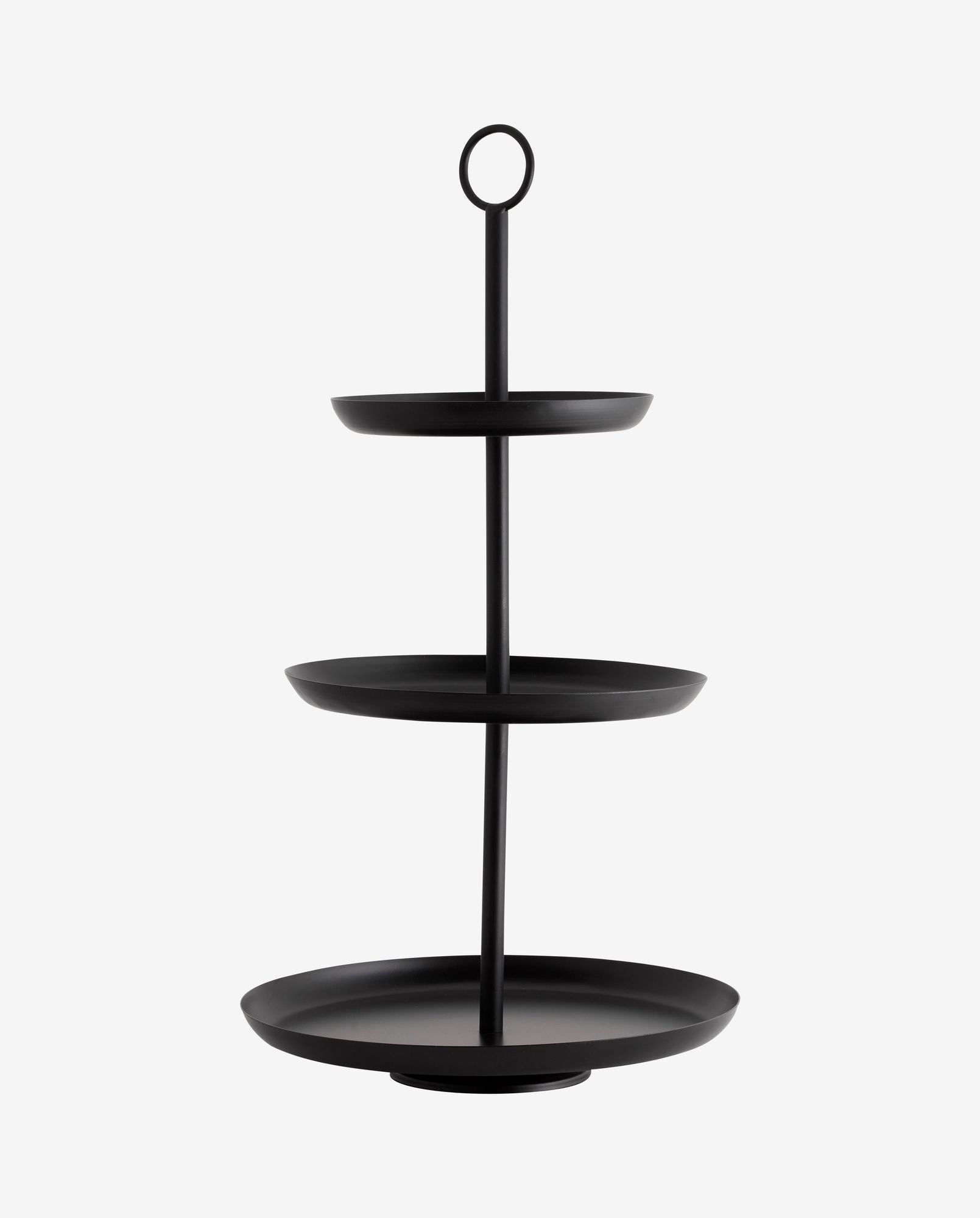 Black three-tier serving tray with round plates and loop handle on white background