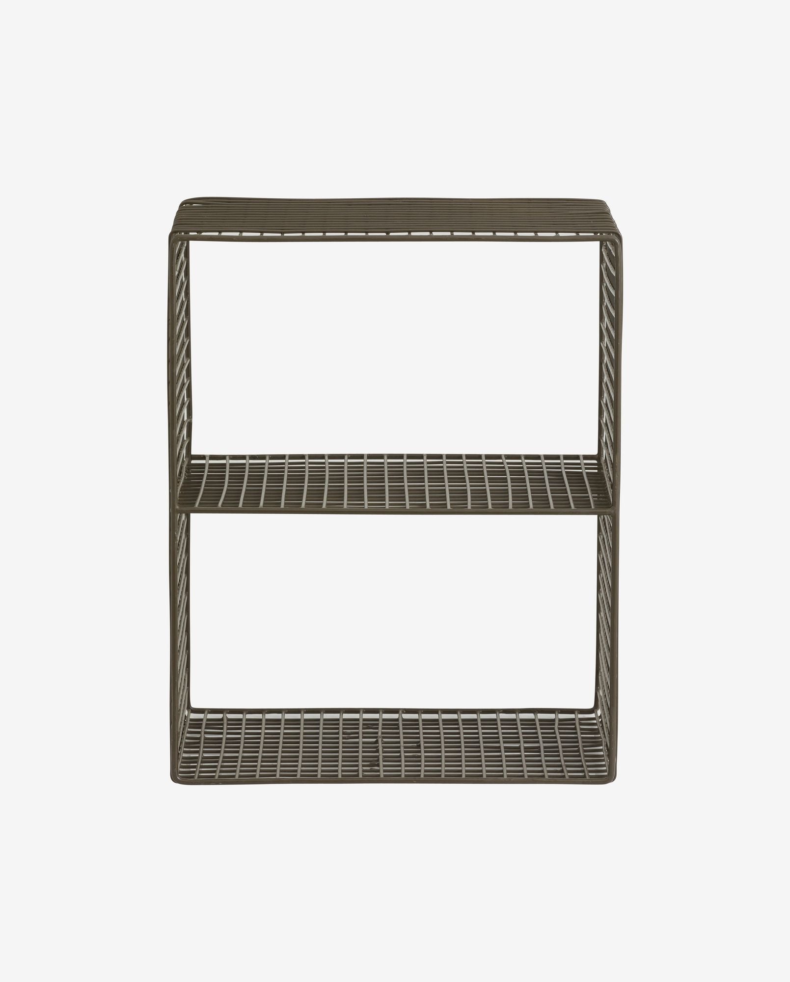 Compact brown metal wireframe shelving unit with two grid shelves on white background
