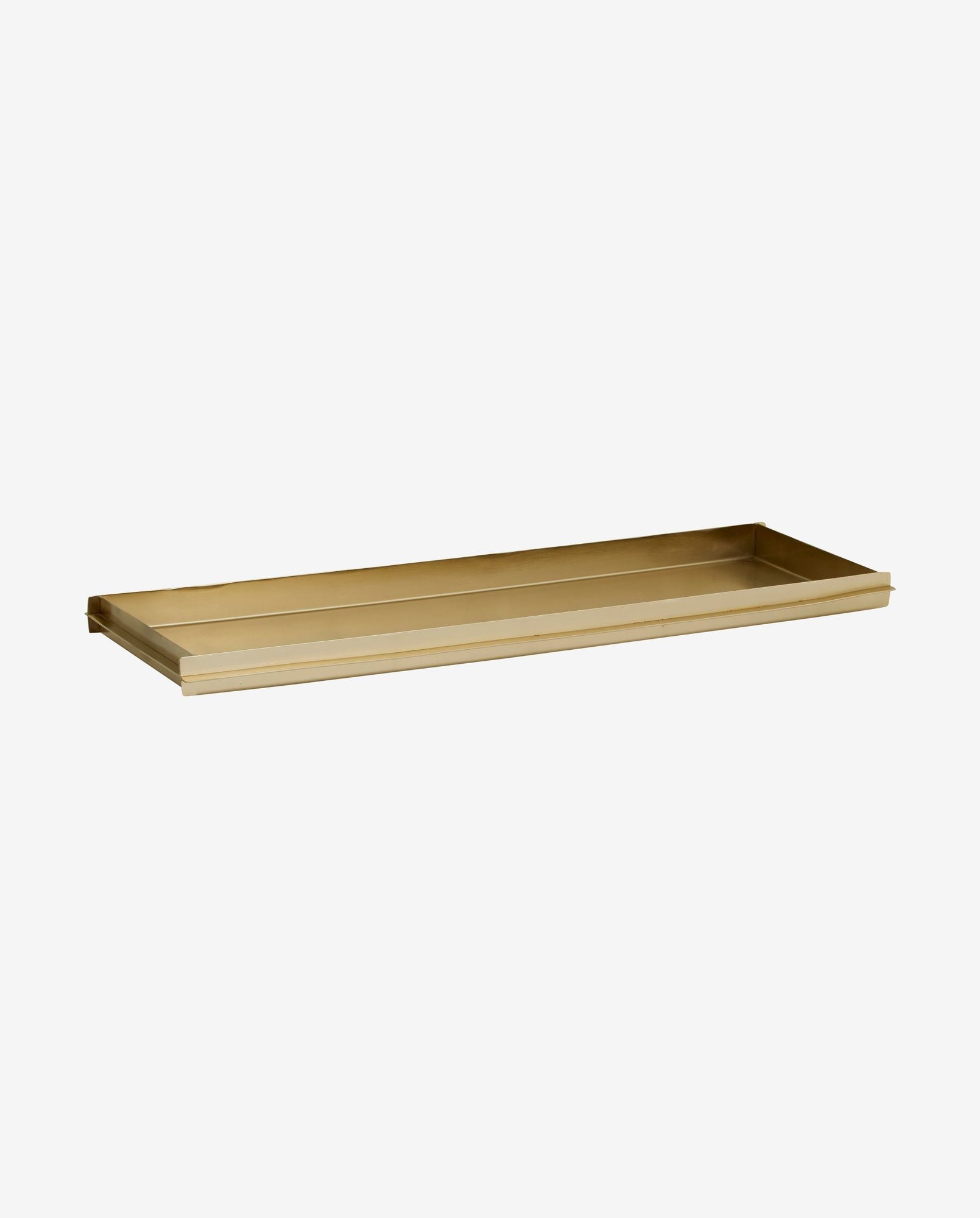 Rectangular gold metal tray with raised edges on white background