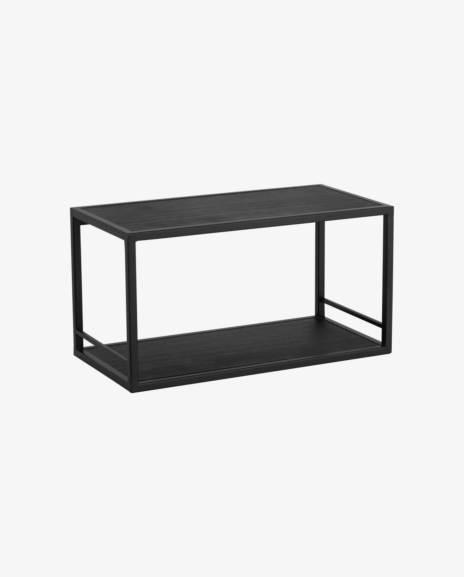 Modern black metal coffee table with open rectangular frame and shelf on white background