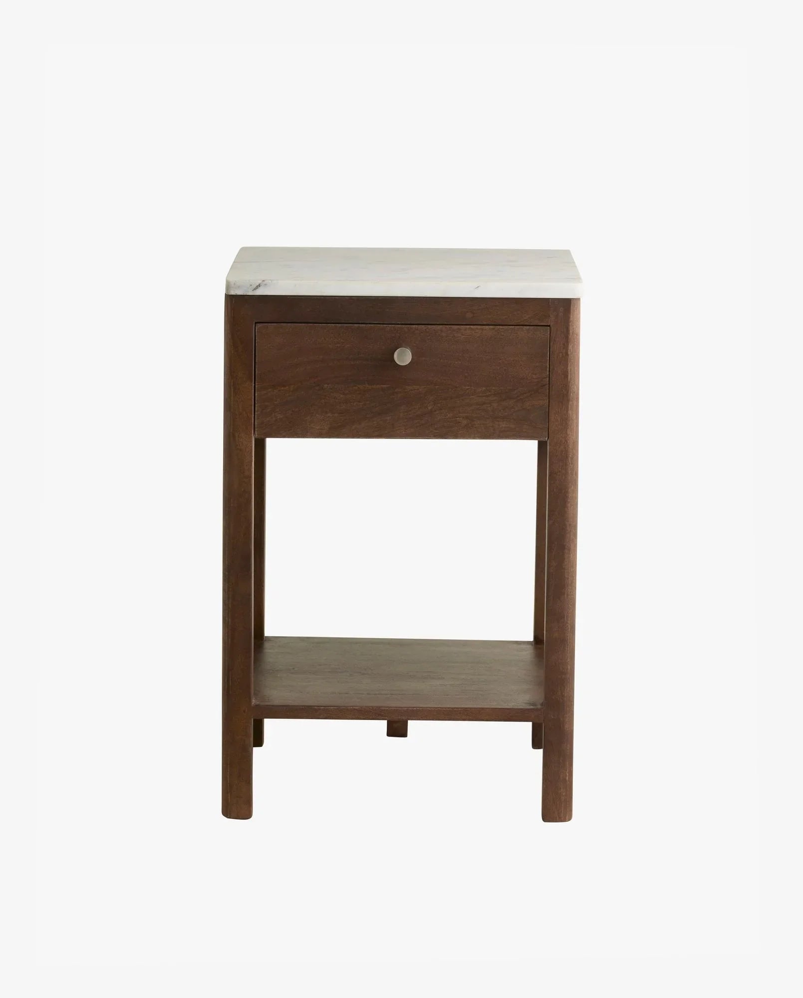 Brown wooden side table with white marble top, single drawer, and open lower shelf