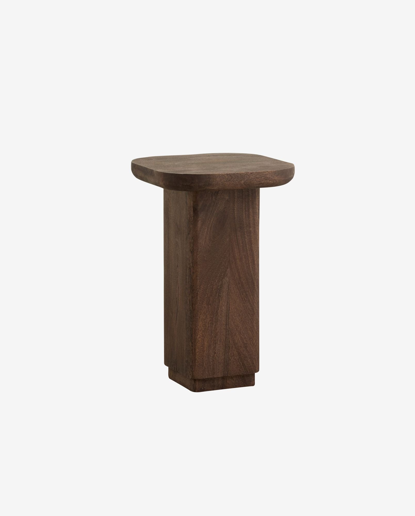 Minimalist solid dark wood side table with thick square pedestal base