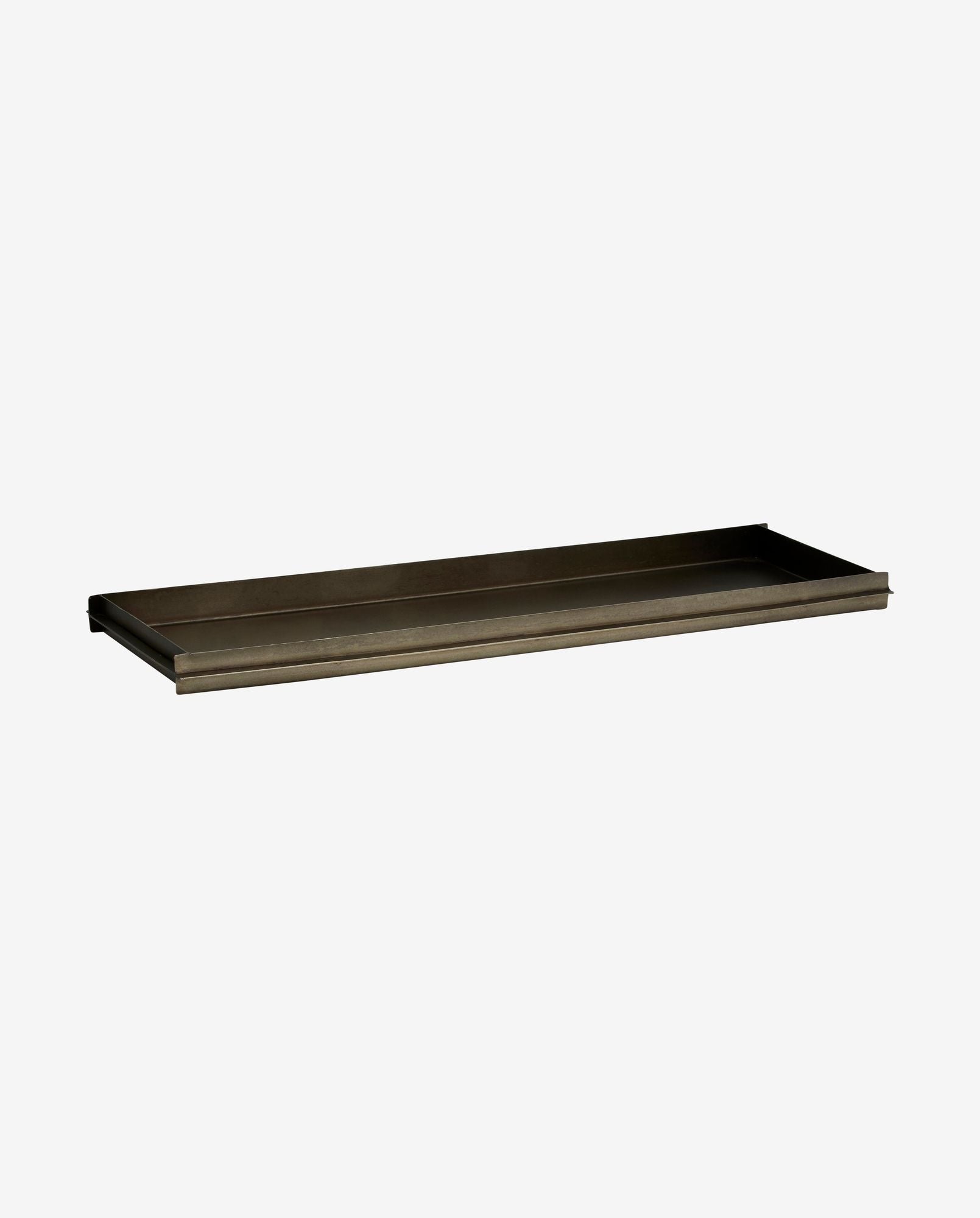 Rectangular dark metal tray with raised edges on white background