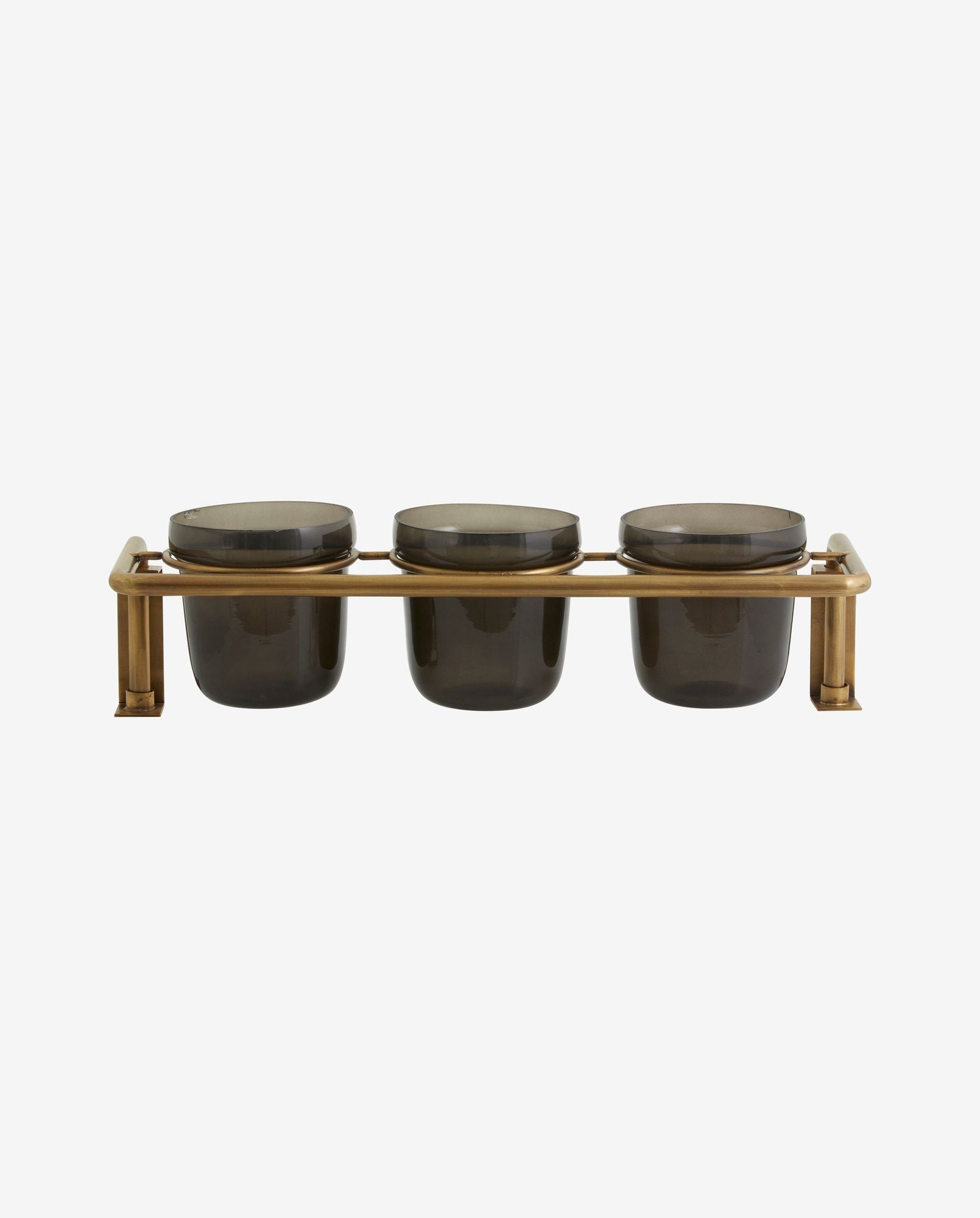 Set of three smoky glass holders in a gold metal rack, modern decorative organizer