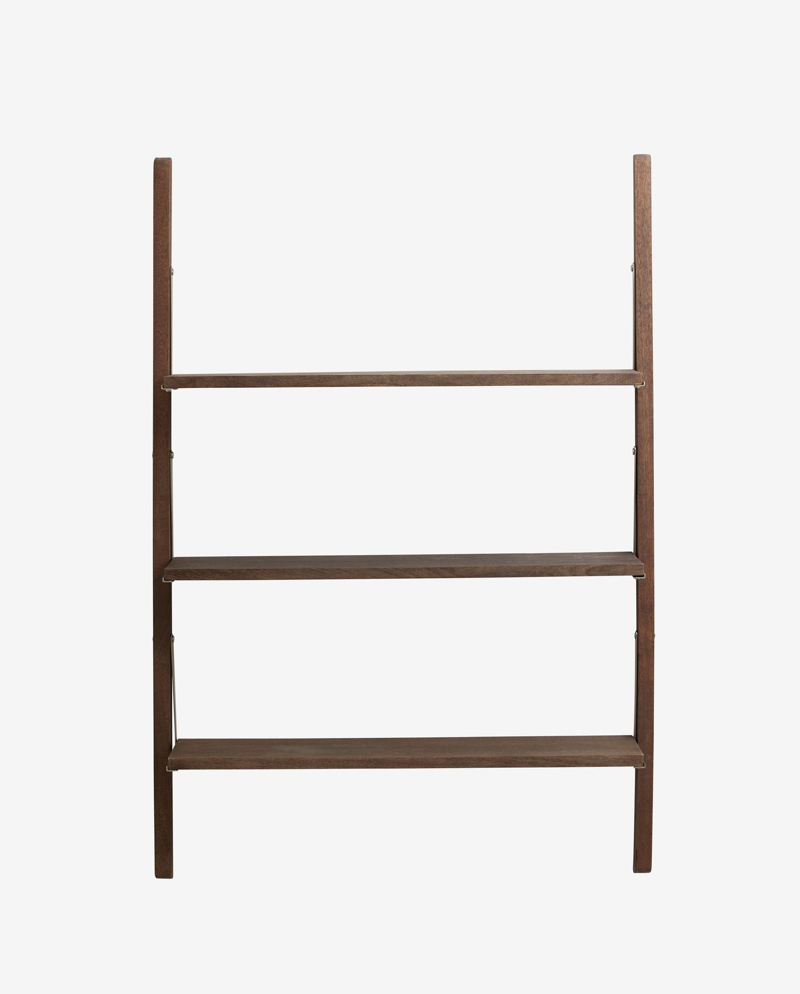 Minimalist dark wood three-tier wall-mounted shelving unit with ladder-style sides