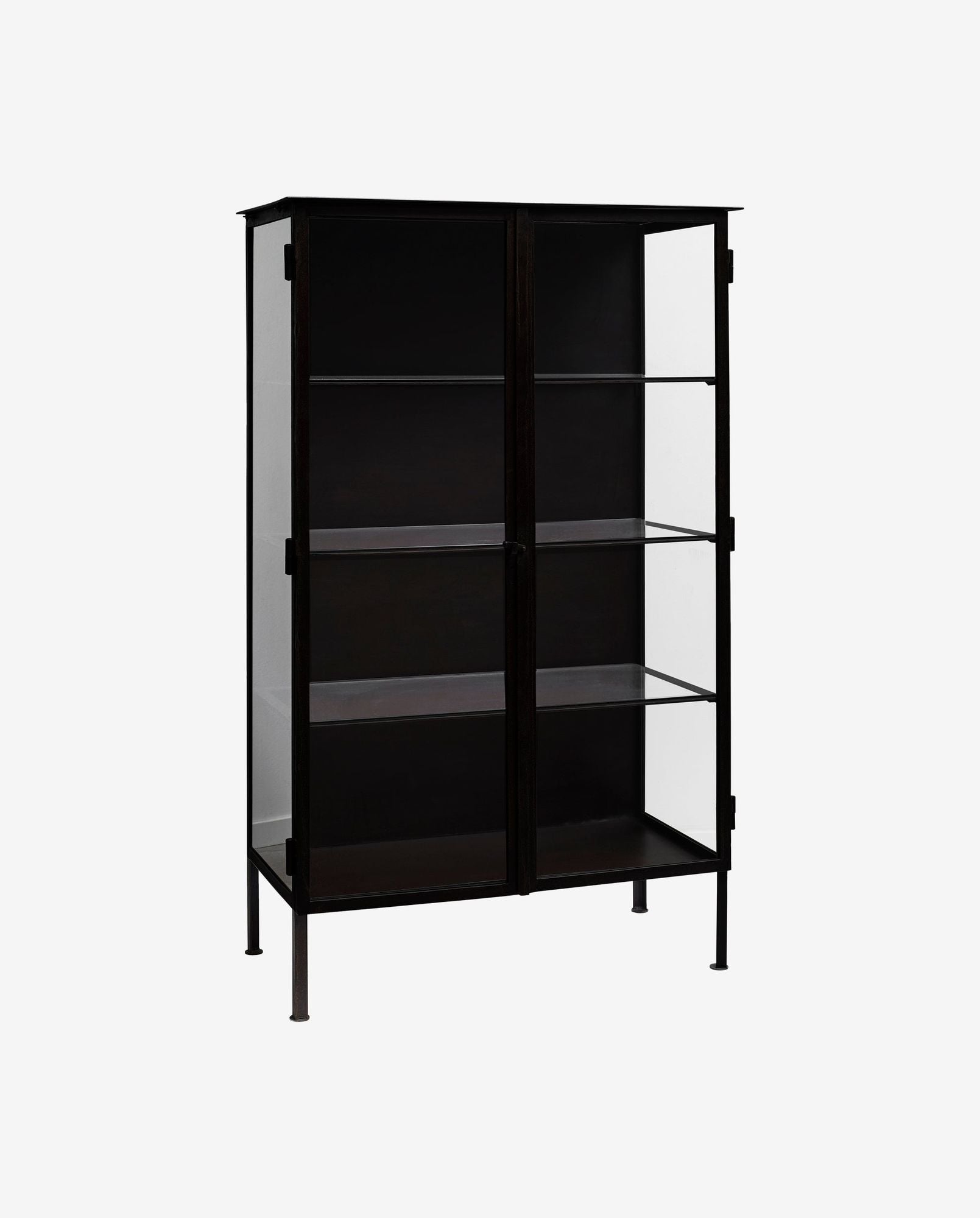 Black metal display cabinet with glass doors and shelves, minimalist modern design