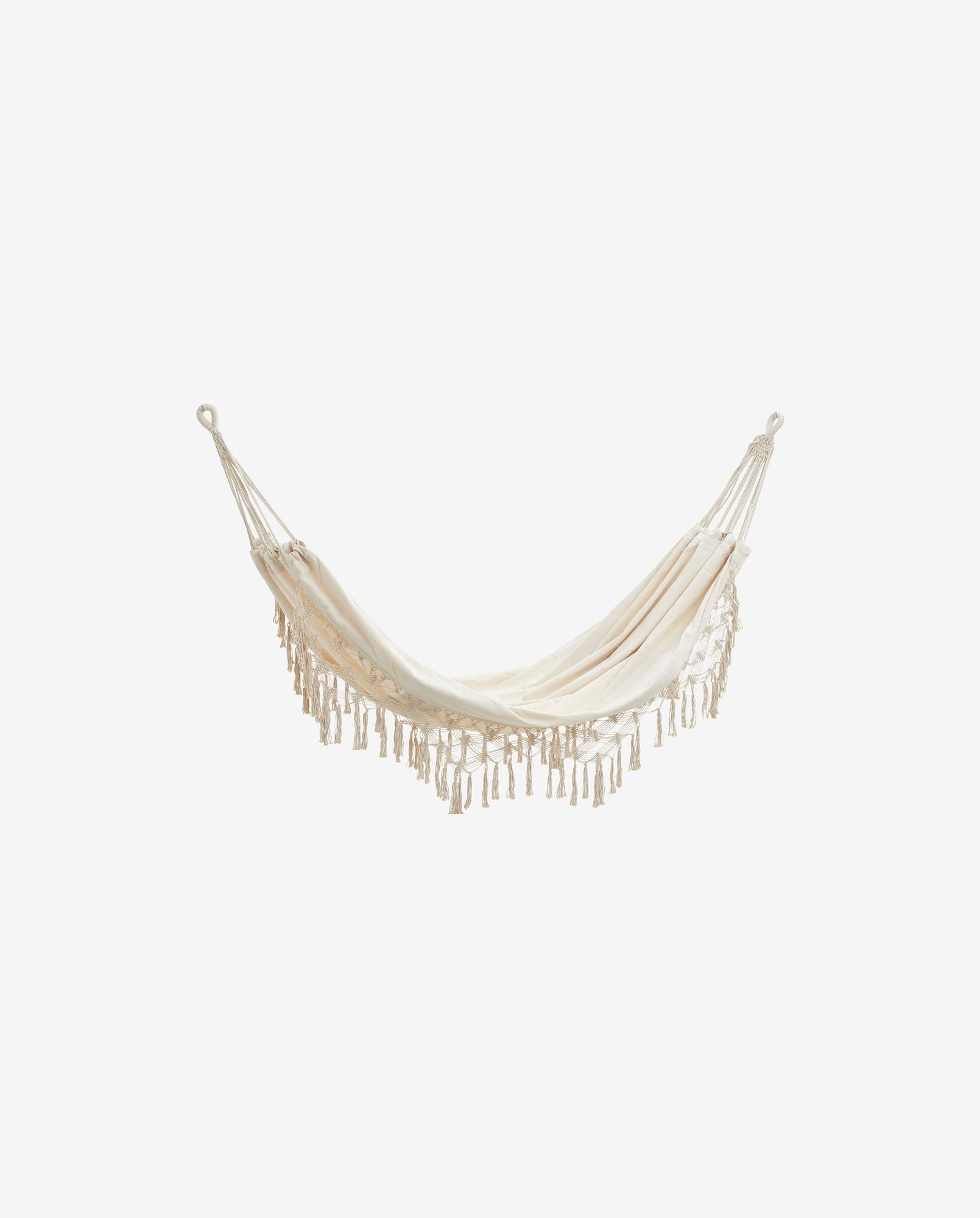Beige cotton hammock with decorative tassels isolated on white background