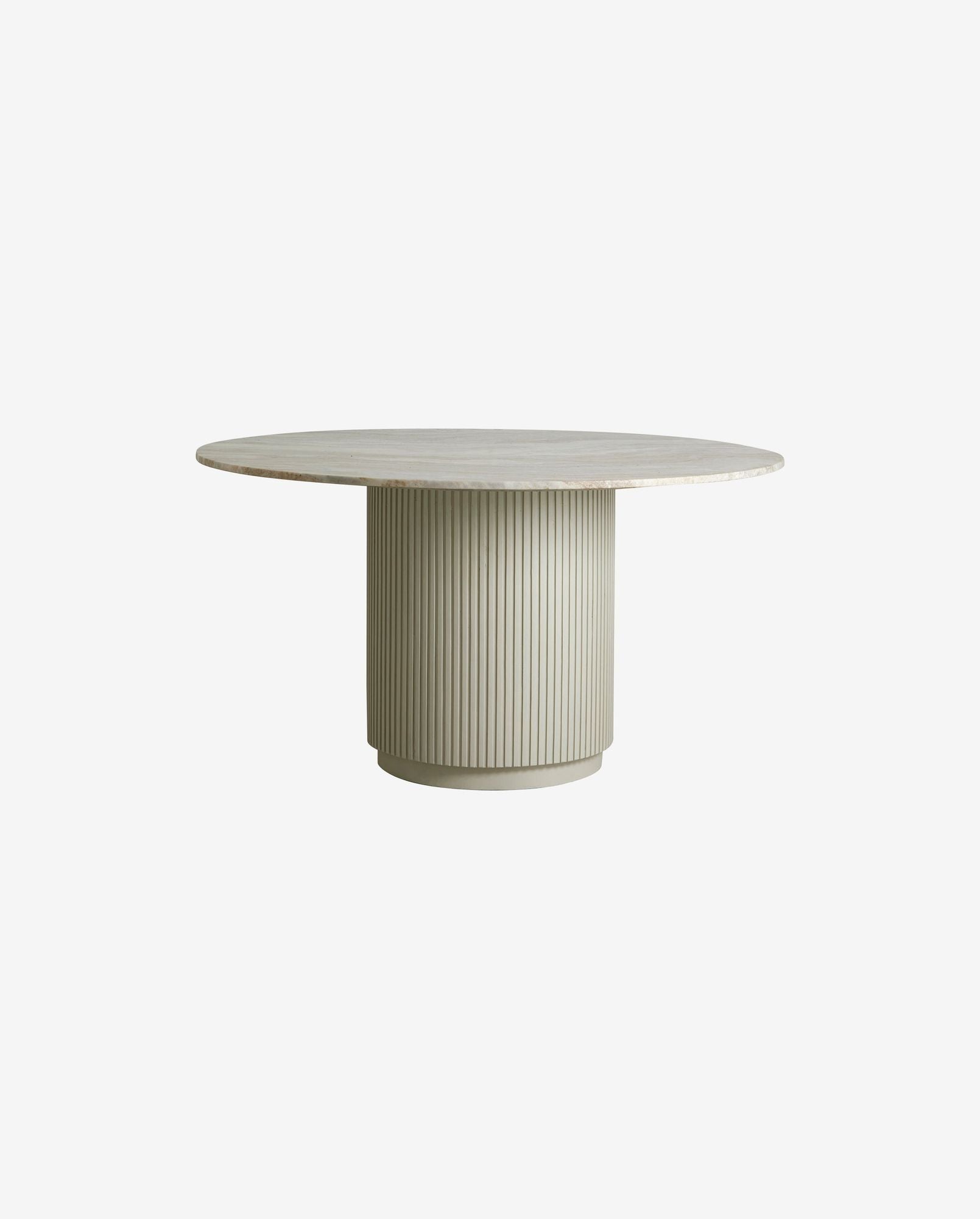 Round beige dining table with ribbed cylindrical base and smooth top