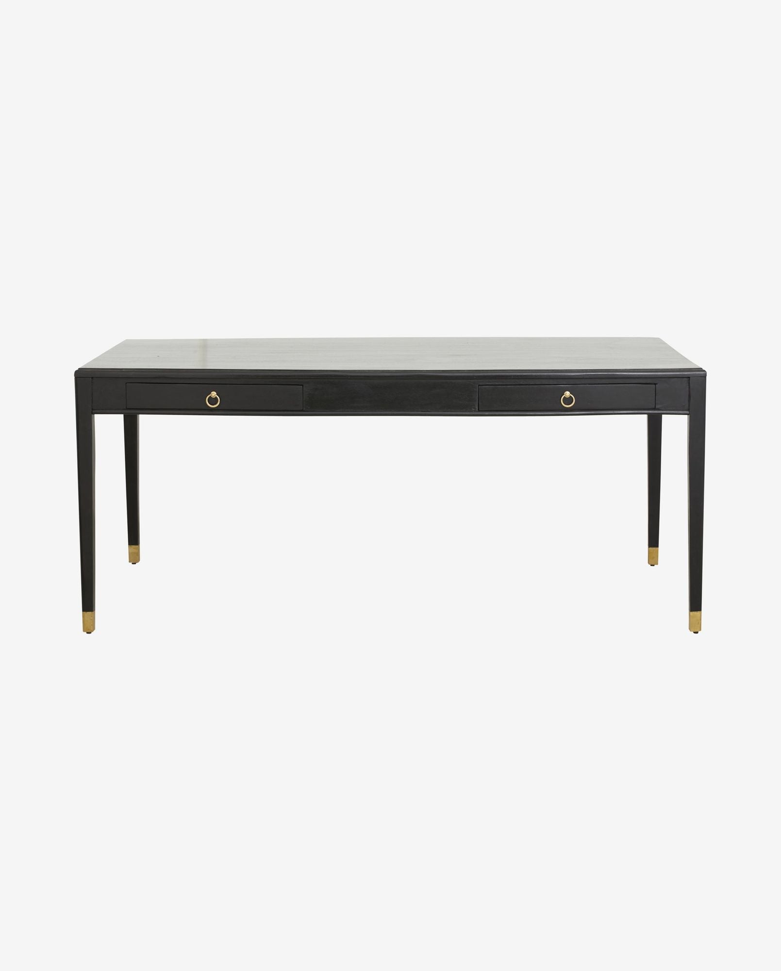 Modern black wooden desk with gold drawer handles and gold-tipped legs on white background