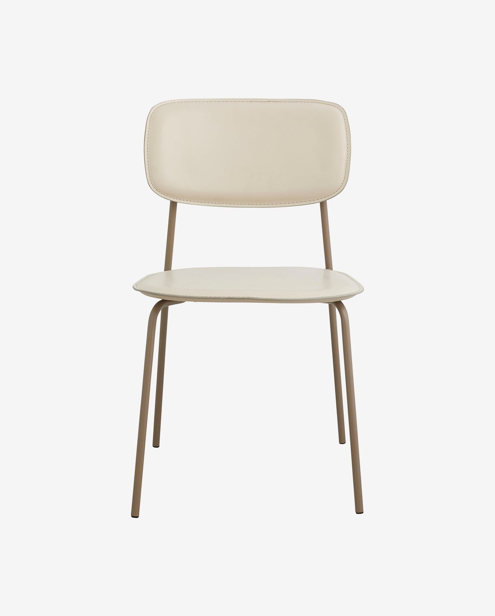 Beige modern chair with cushioned seat and backrest, supported by four slim metal legs