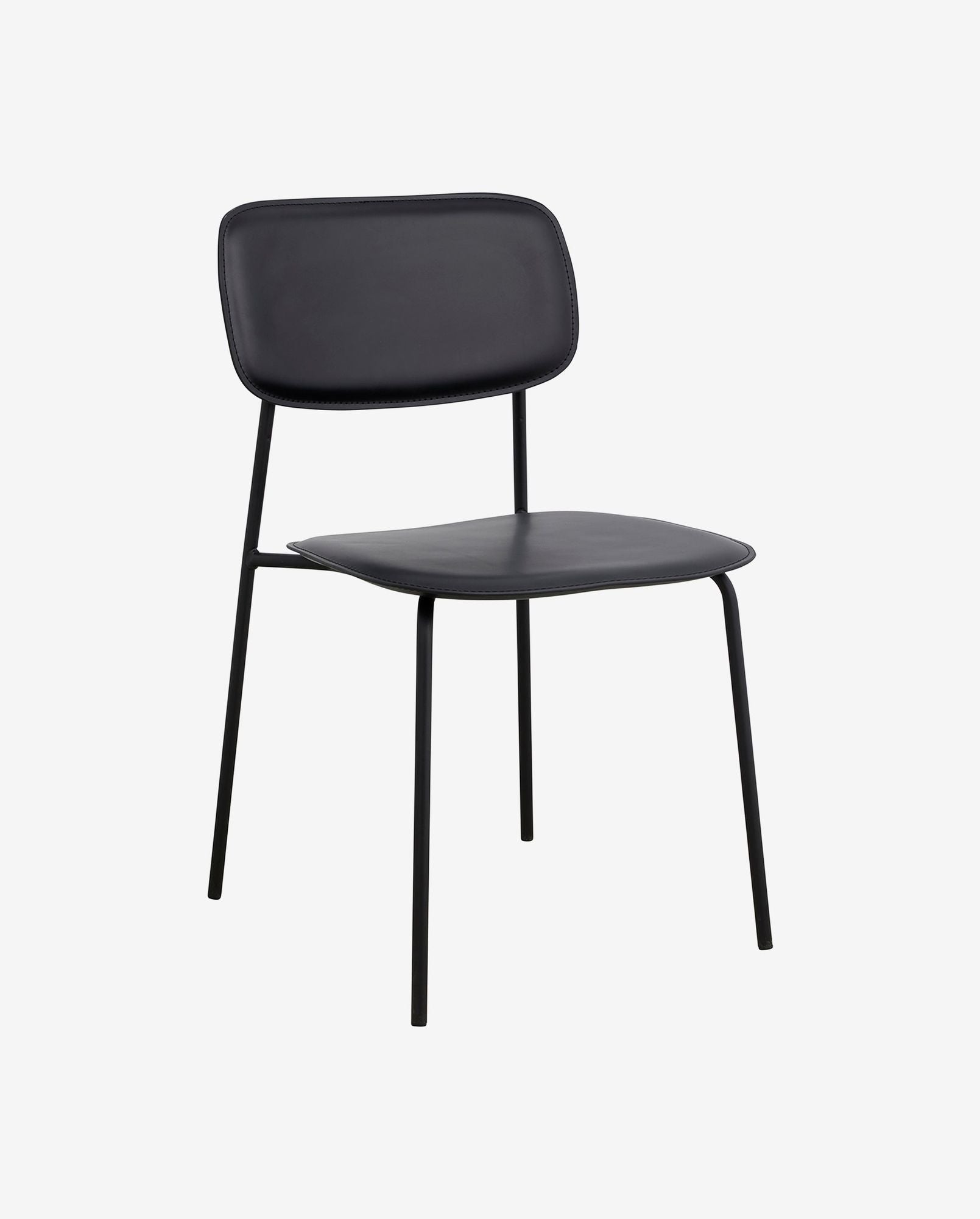 Modern black metal dining chair with cushioned seat and backrest on white background