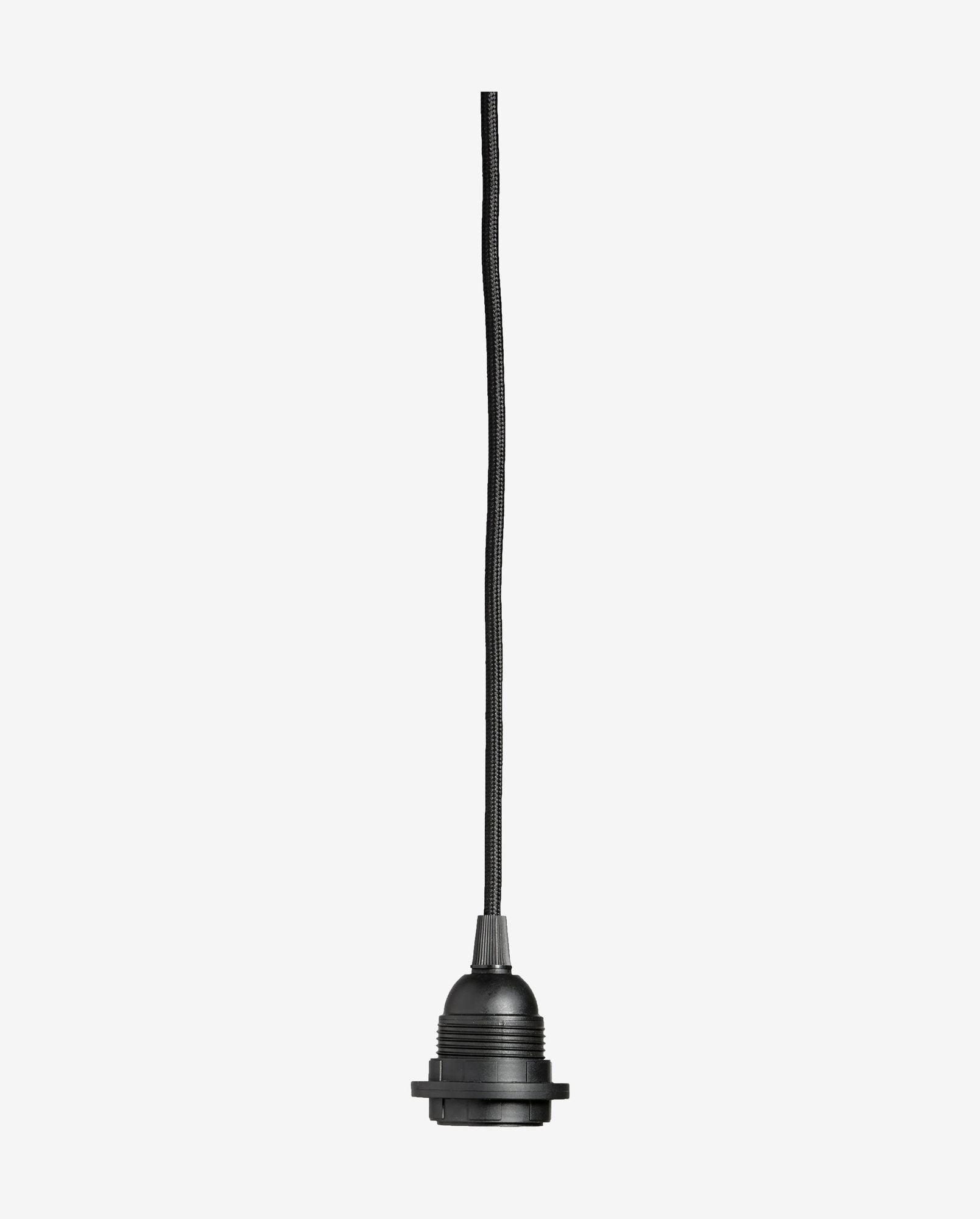 Black pendant light socket with braided cord hanging against white background