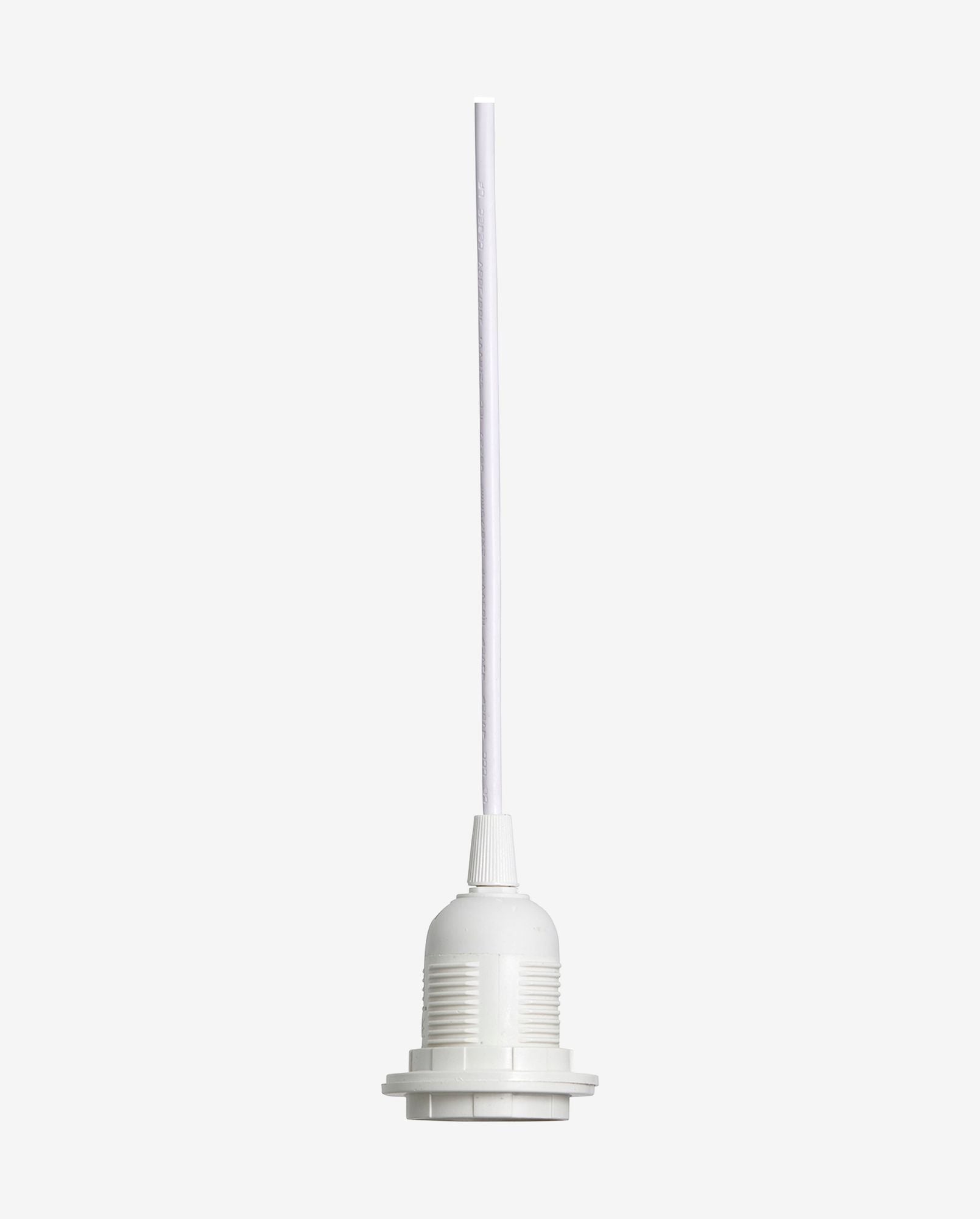 White plastic lamp socket with attached electrical wire, isolated on gray background