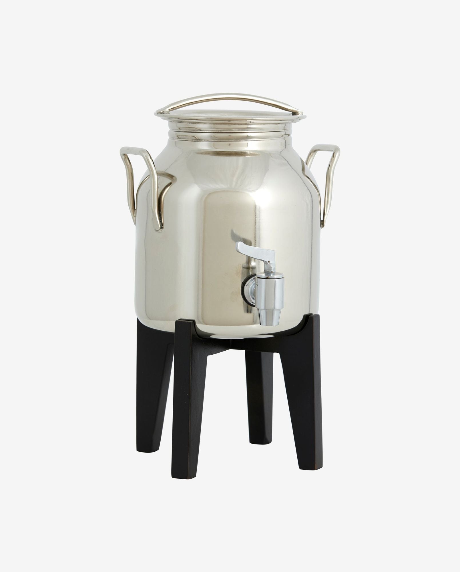 Stainless steel water dispenser with lid, side handles, spigot, on black wooden stand