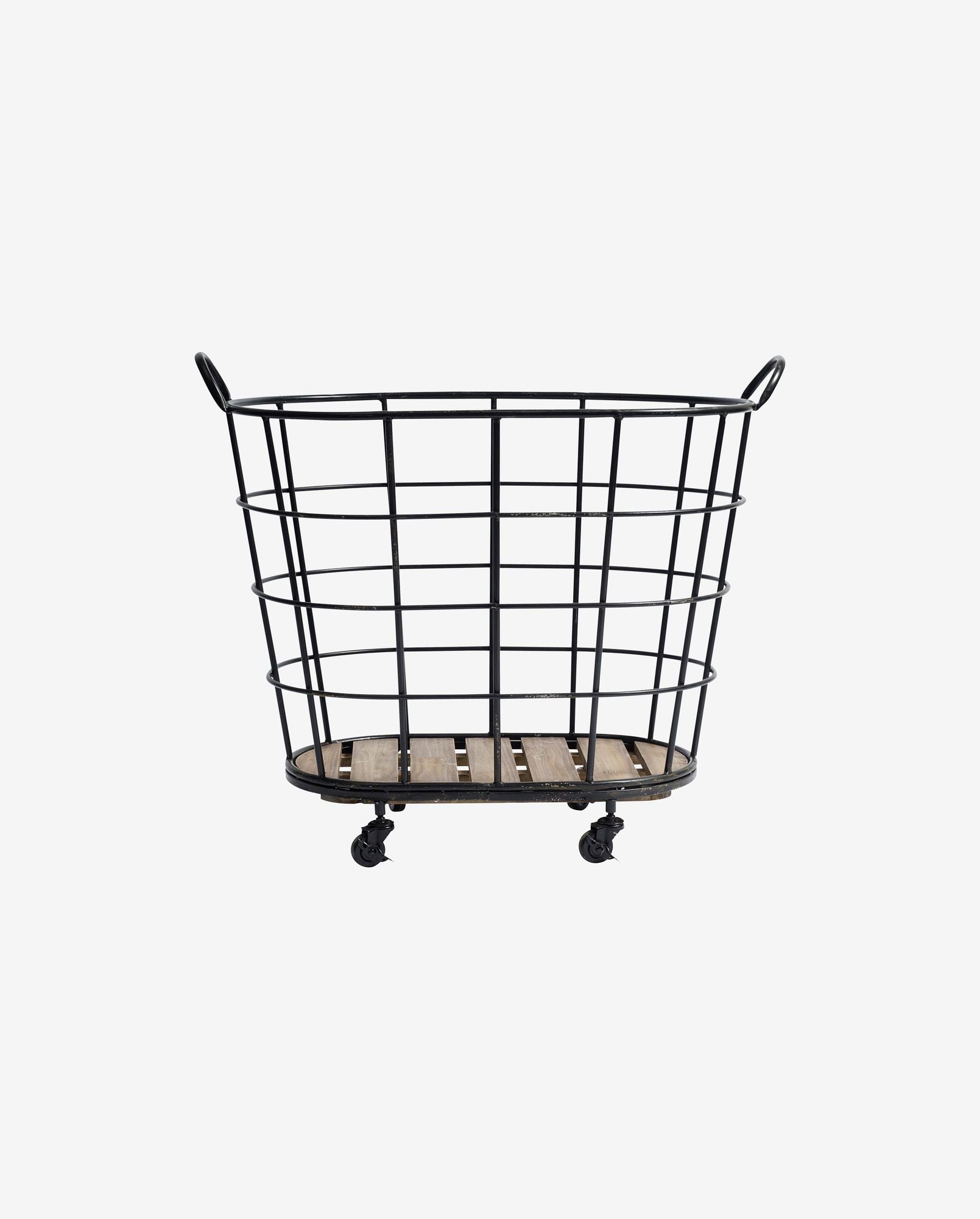 Black metal wire storage basket with wooden base and caster wheels on white background