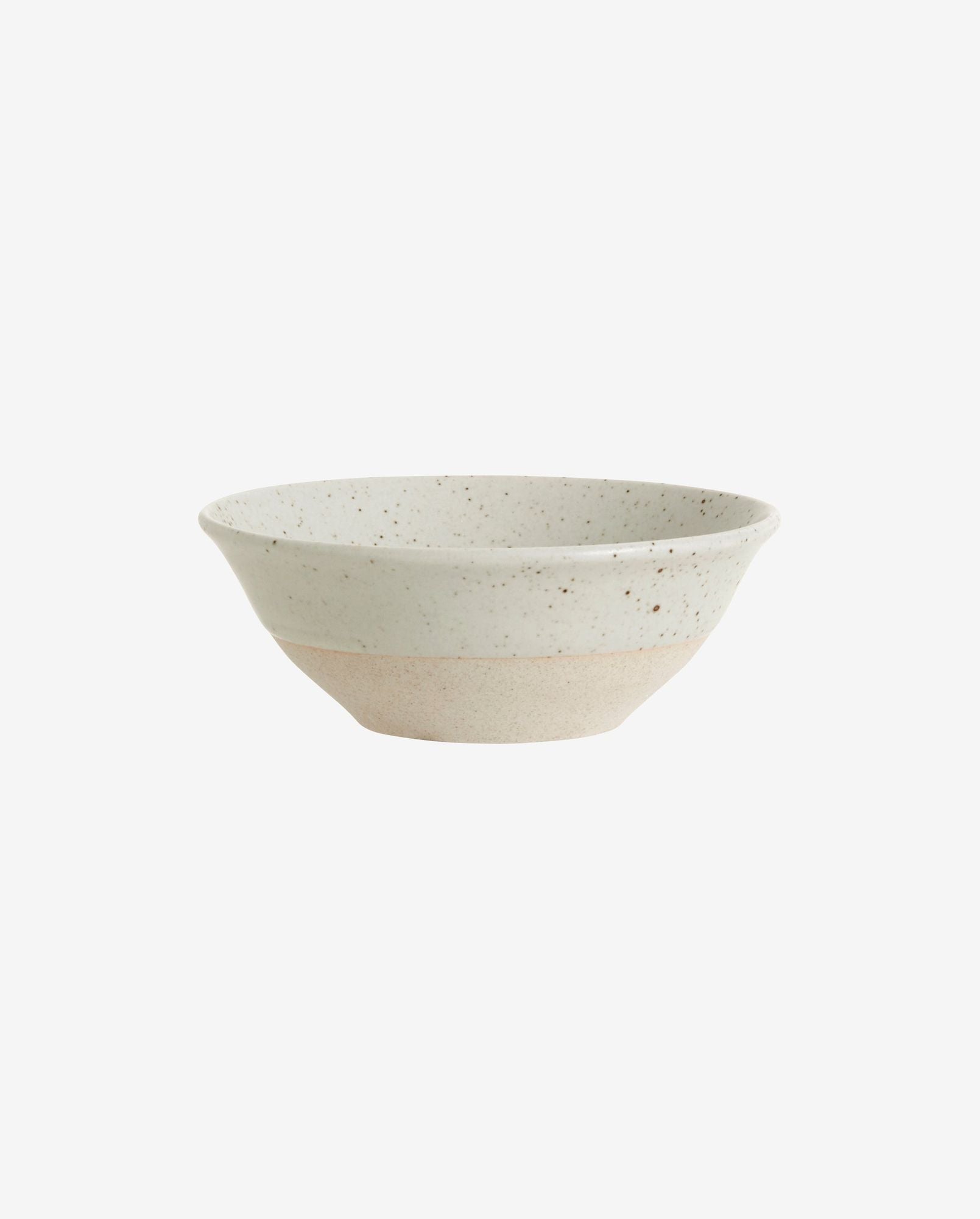 speckled ceramic bowl with matte finish in beige and cream tones on white background