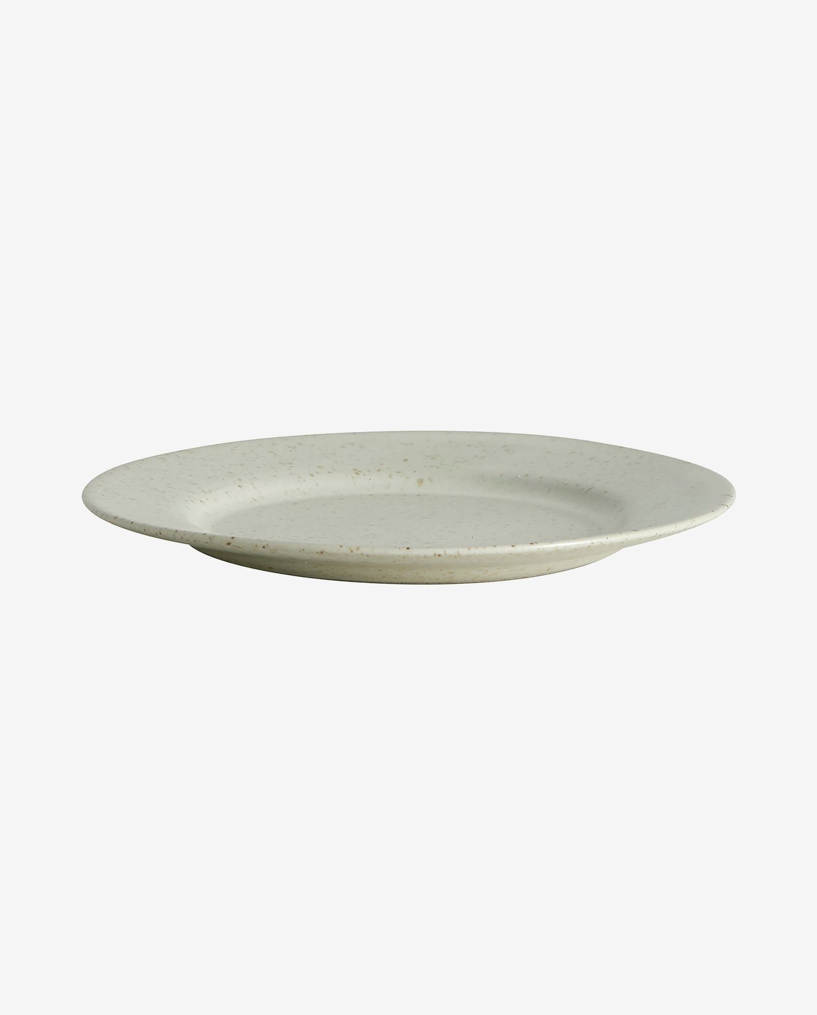 Minimalist speckled ceramic dinner plate with wide rim on white background