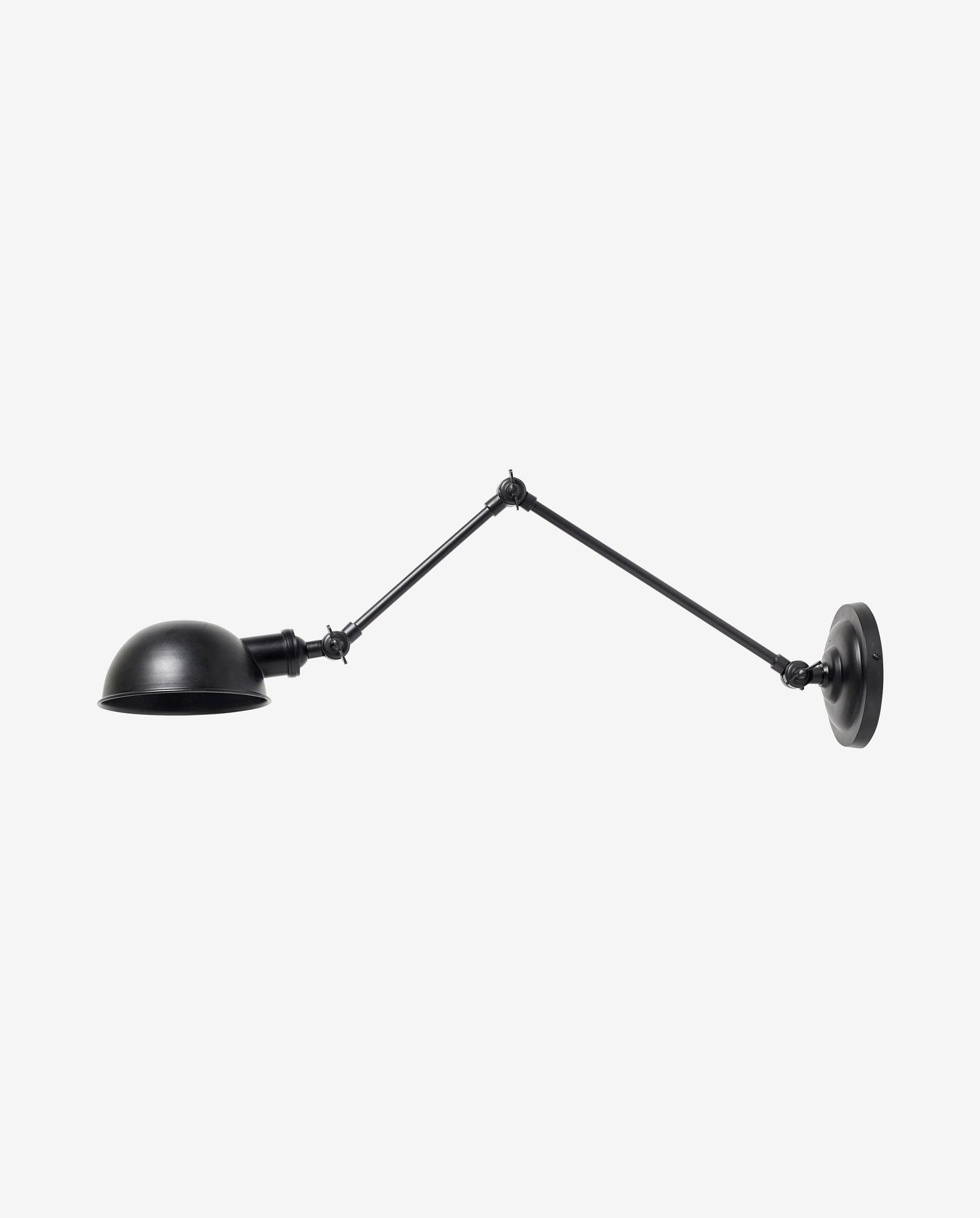 Black adjustable metal wall lamp with dome-shaped shade and two jointed arms