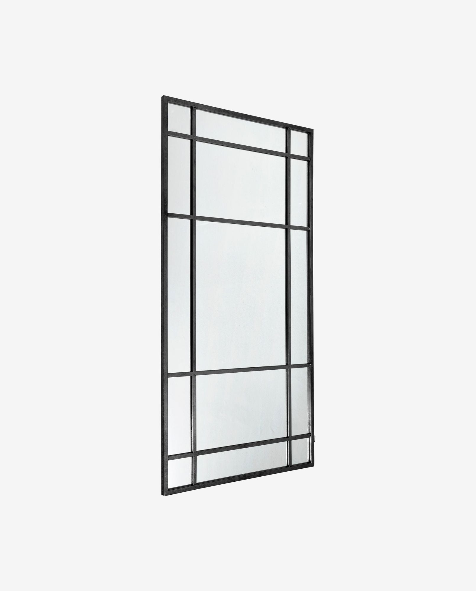 Rectangular wall mirror with black metal grid frame in minimalist style