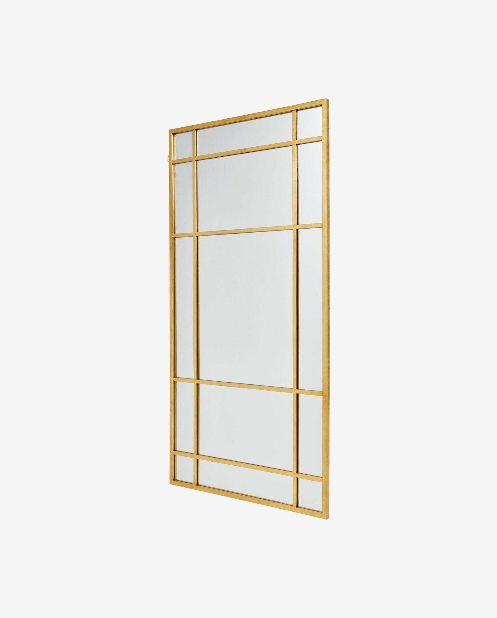 Rectangular wall mirror with gold geometric metal frame and multiple glass panels