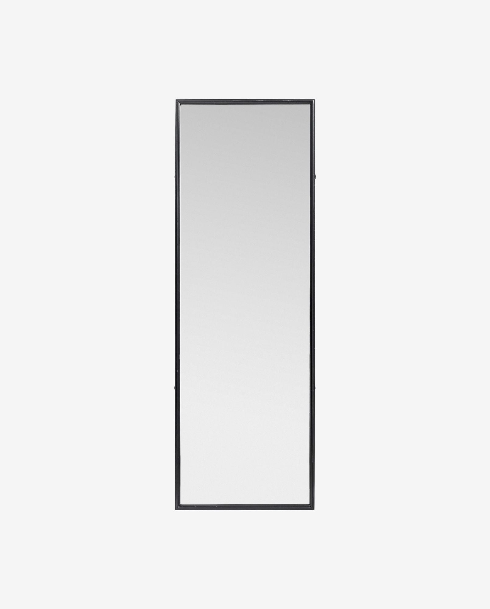 Tall rectangular wall mirror with slim black metal frame on white background