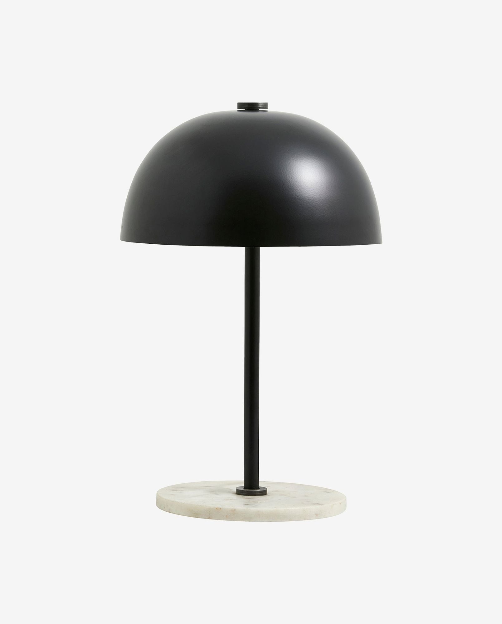 Modern black dome table lamp with slender stem and round white marble base