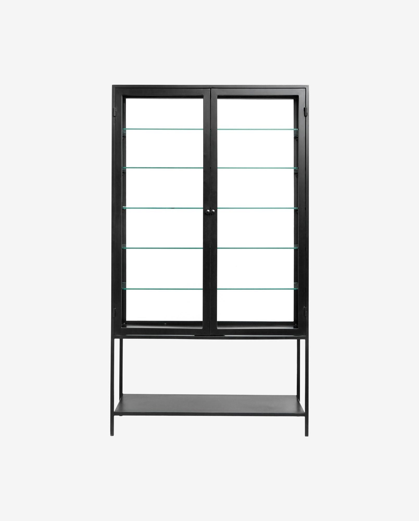 Modern black metal display cabinet with glass shelves and storage shelf at the base