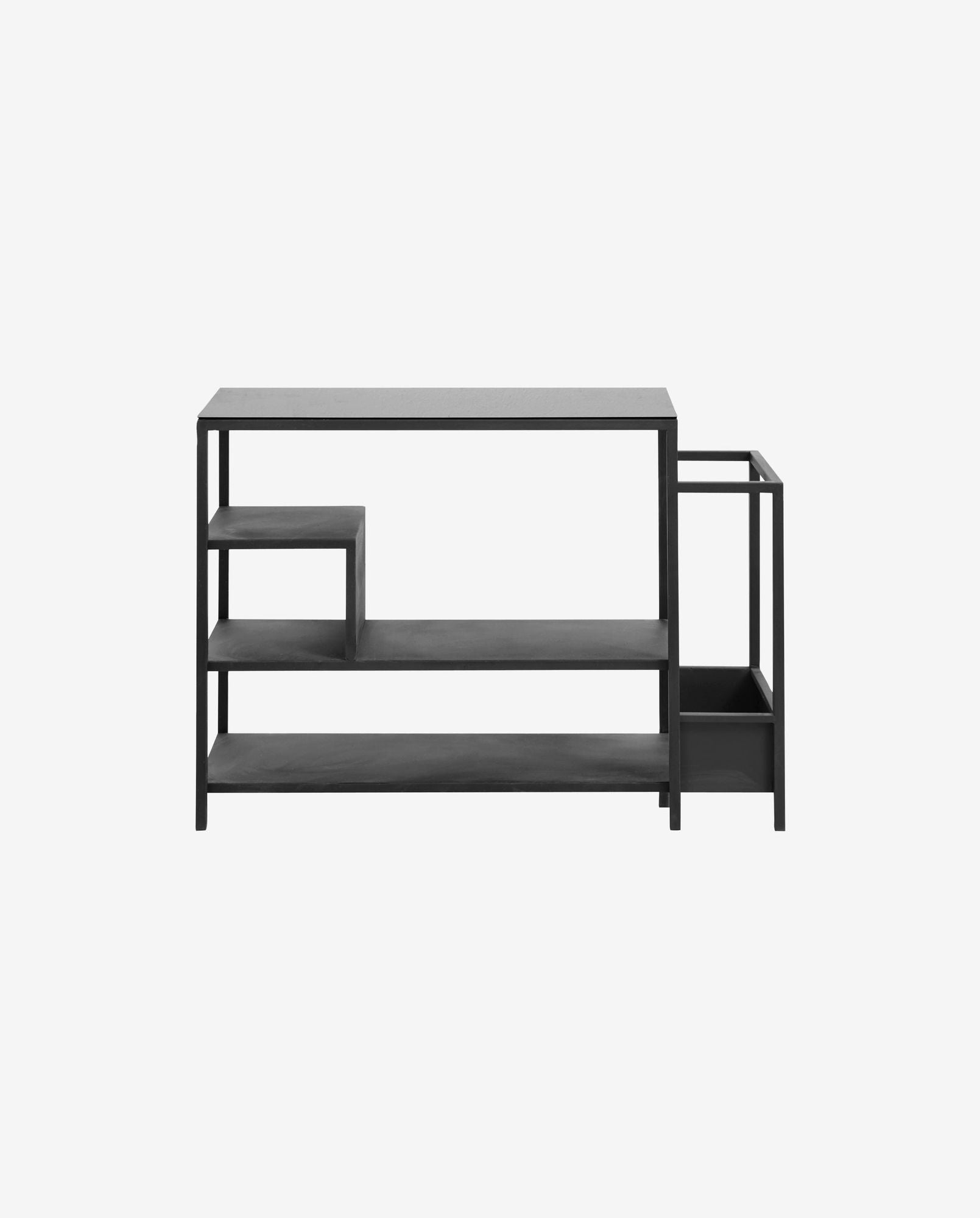 Black metal minimalist shelving unit with multiple open shelves and geometric design