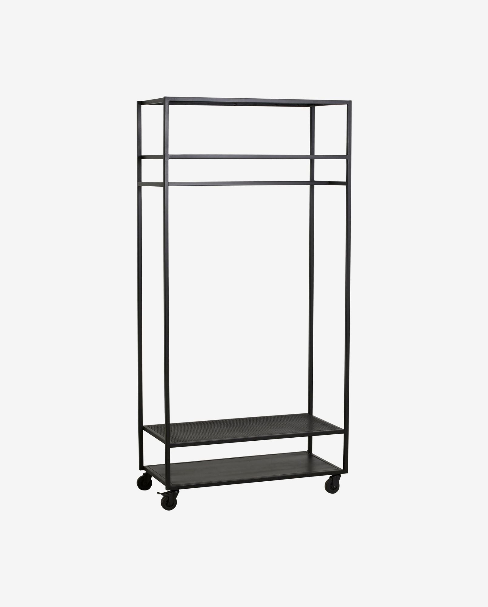 Black metal garment rack with two shelves and four caster wheels on white background