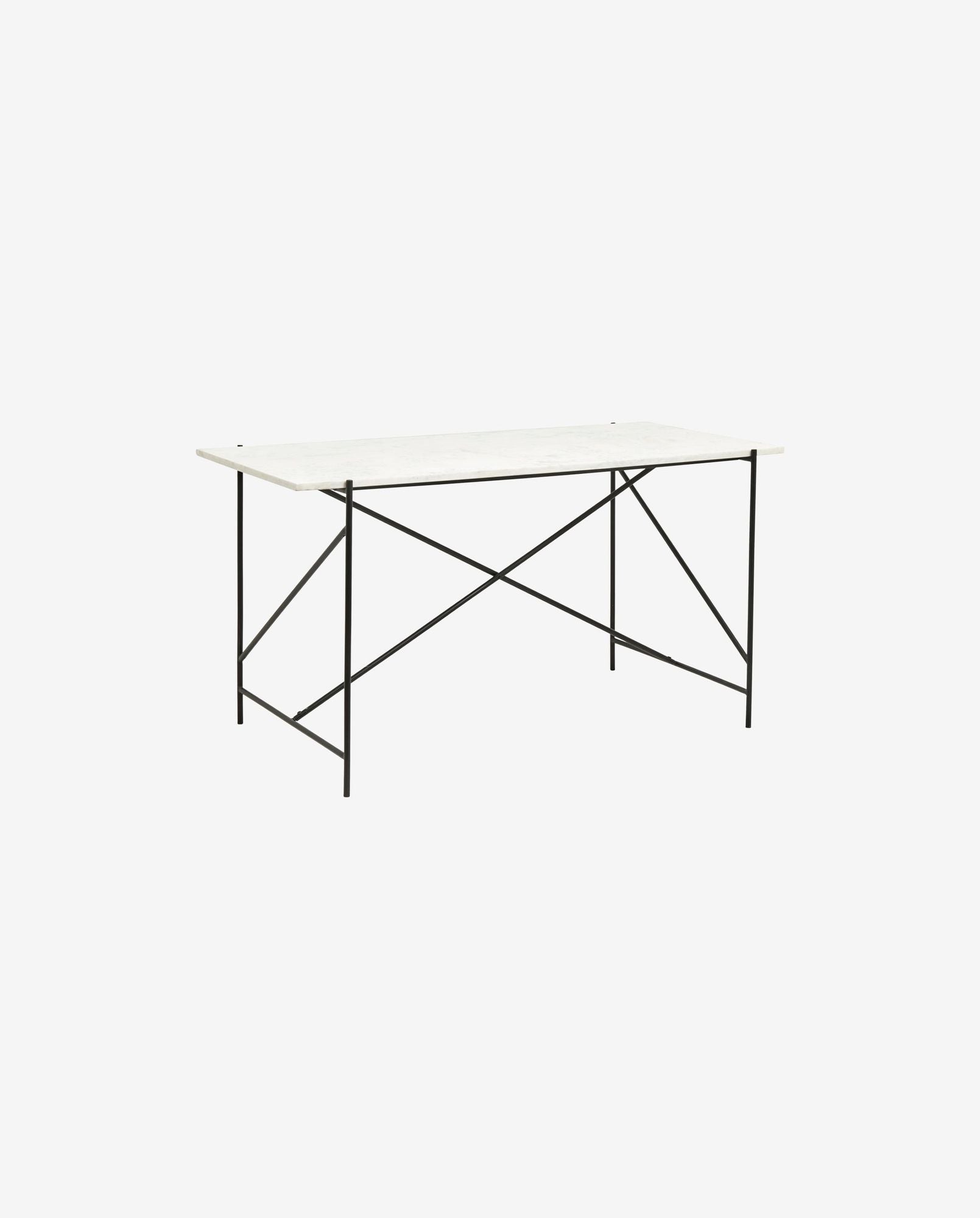 Minimalist white marble top table with thin black metal frame and geometric supports