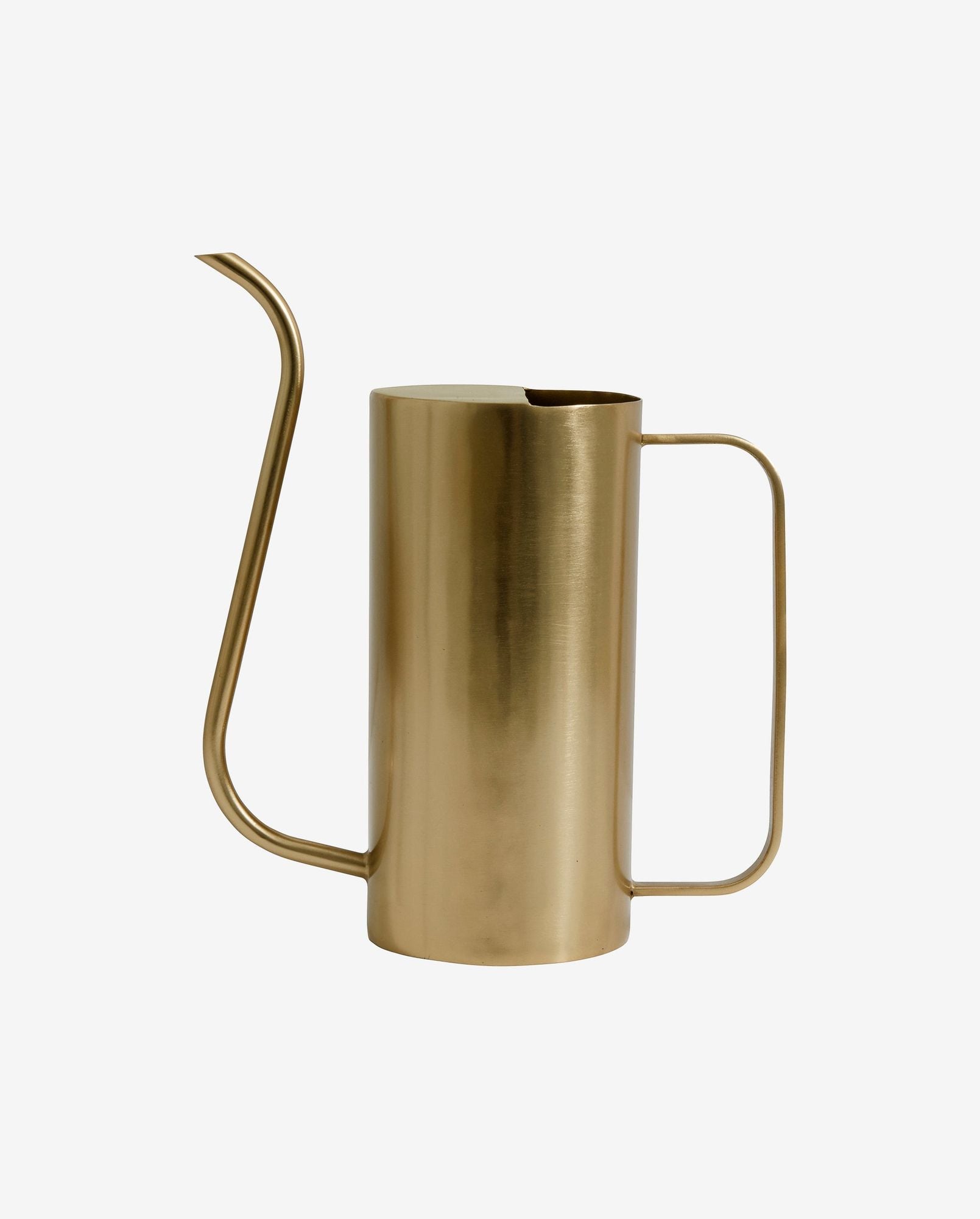 Brushed brass gooseneck kettle with tall handle and spout on white background