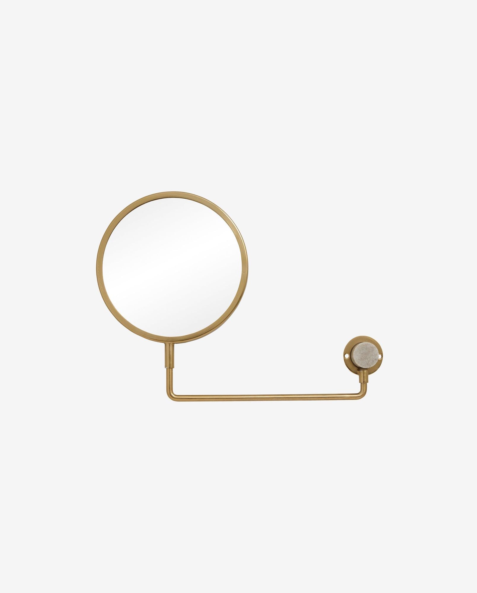 Round gold wall-mounted swivel mirror with extending arm on white background