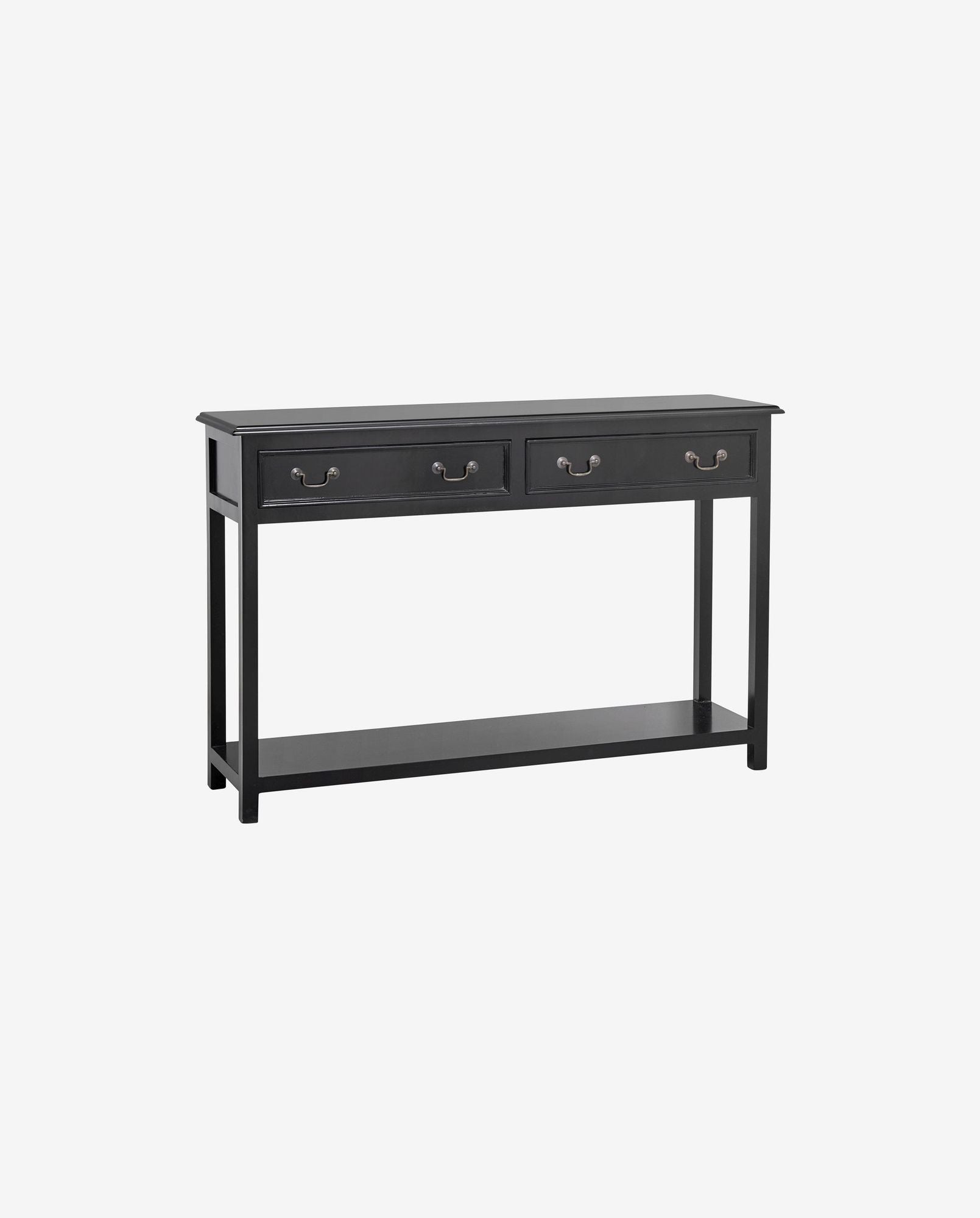 Black console table with two drawers and lower shelf, metal handles, minimalist design