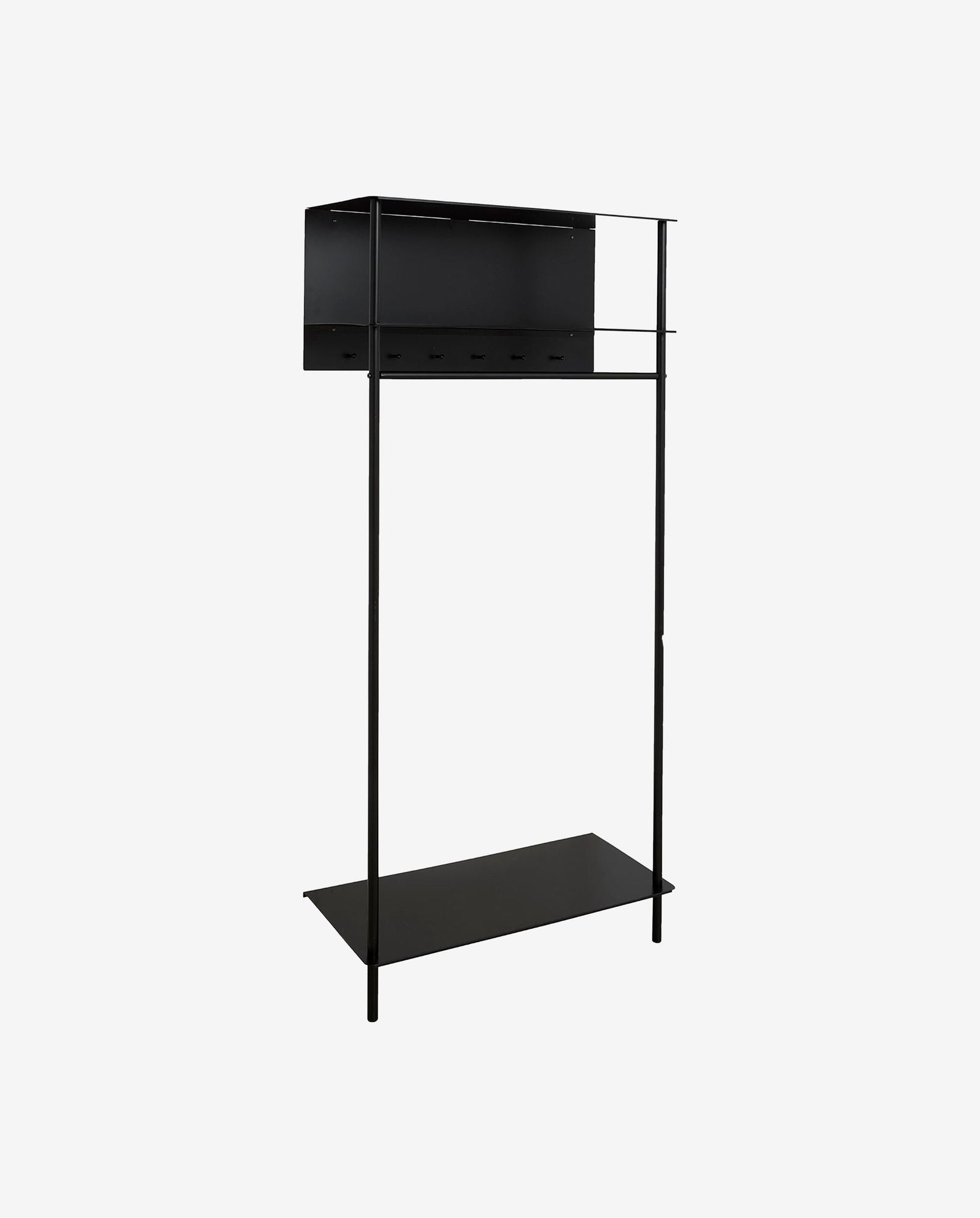 Minimalist black metal hall tree with hooks and bottom shelf for storage