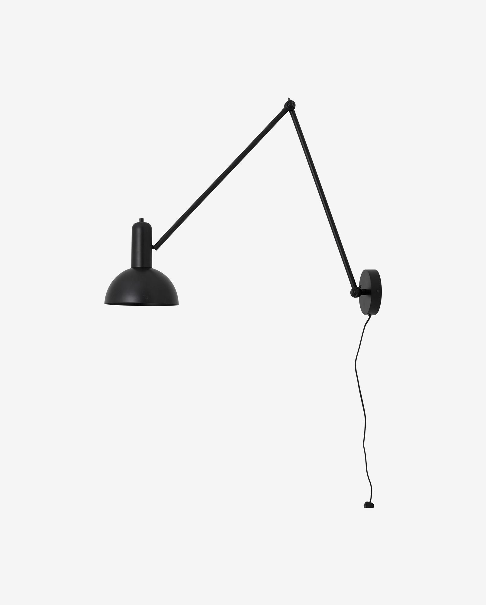 Black adjustable arm wall lamp with pull switch on white background