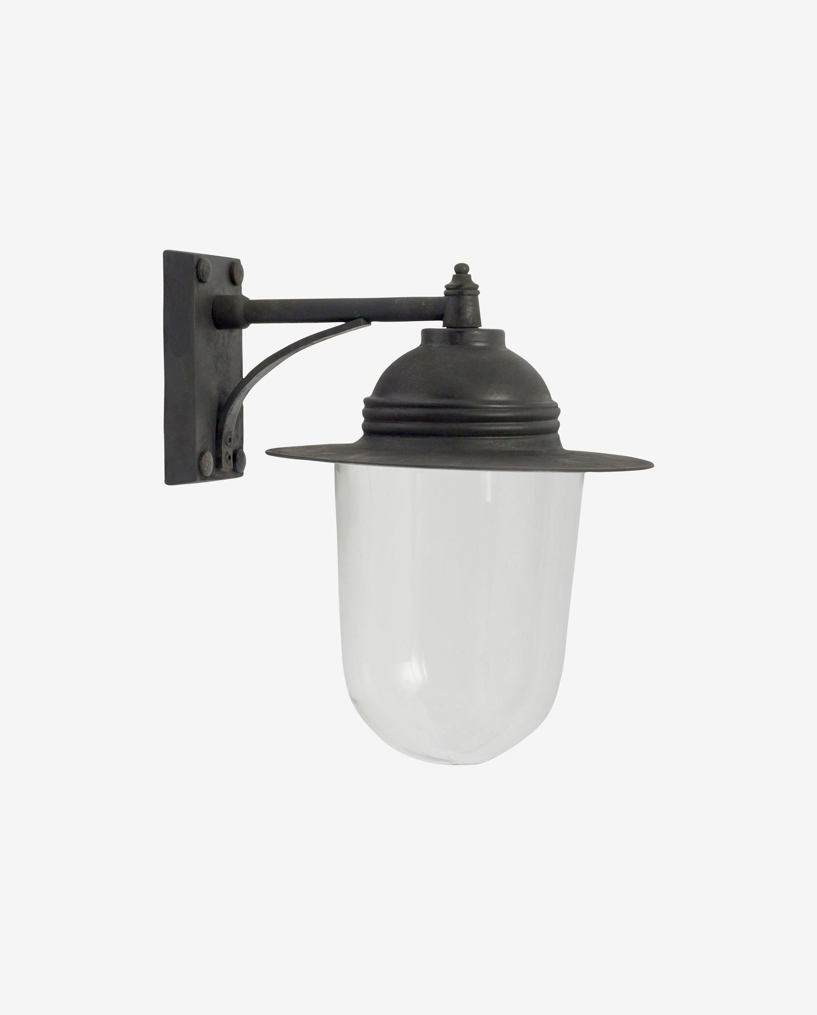 Black metal wall-mounted outdoor lantern with clear glass cover and decorative arm
