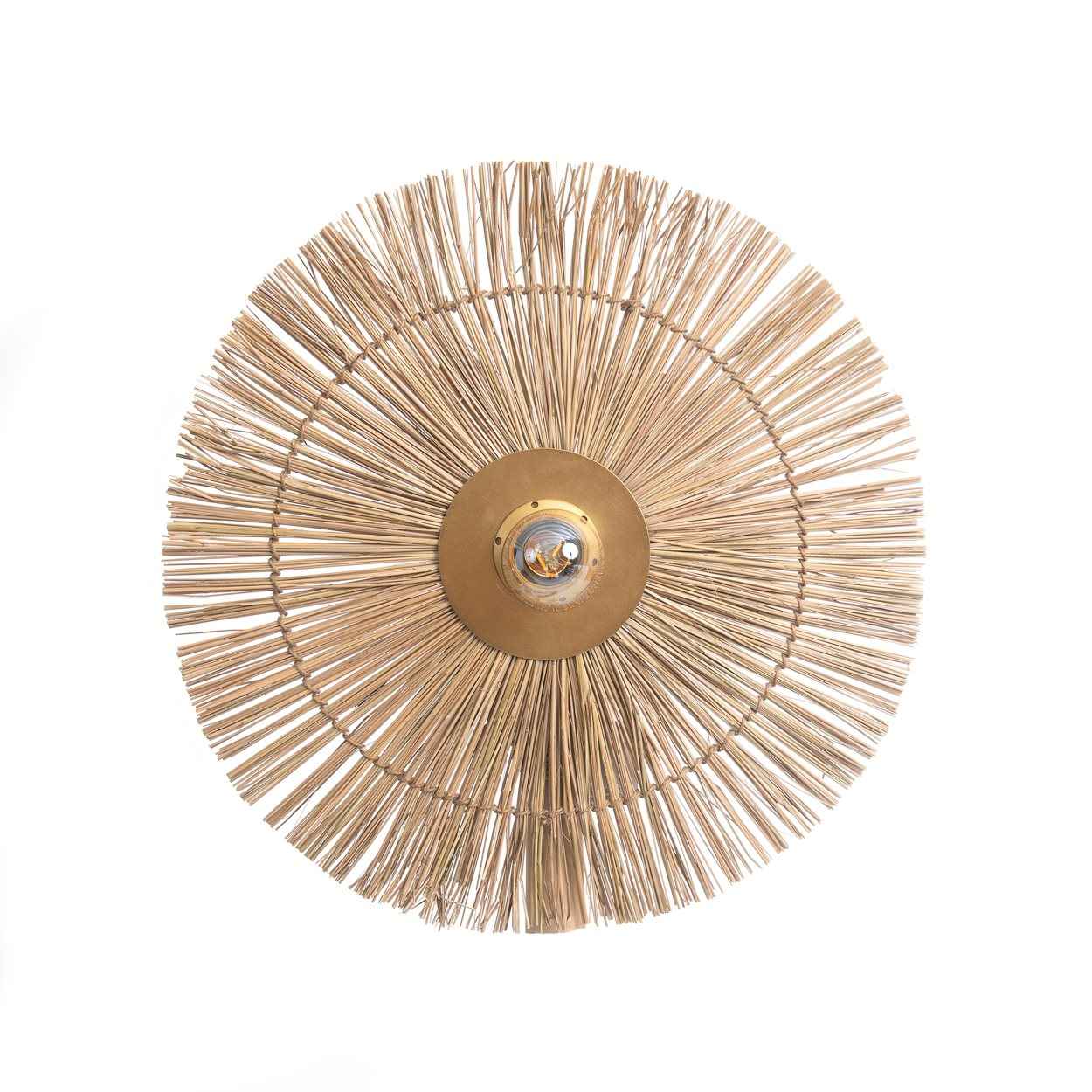 Brass gold wall sconce with a handwoven natural shade, medium size, perfect for adding warm, decorative light to modern or boho interiors.