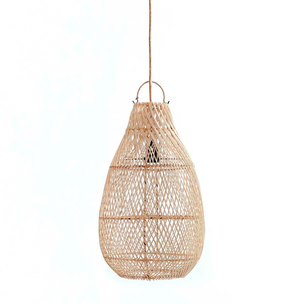 Natural rattan pendant lamp with intricate handwoven pattern, ideal as a ceiling or floor lamp shade for rustic interiors