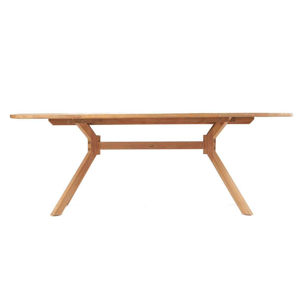 Wooden dining table with soft curves and generous surface for up to six people.