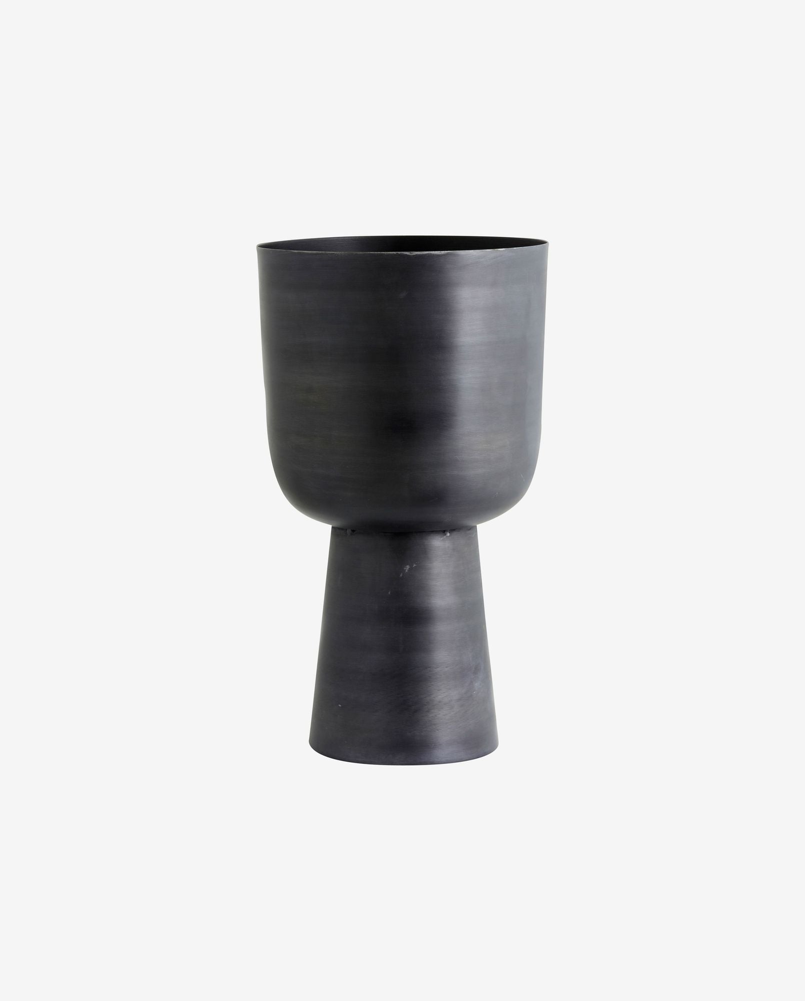 Modern matte black metal planter with a wide upper pot and narrow cylindrical base